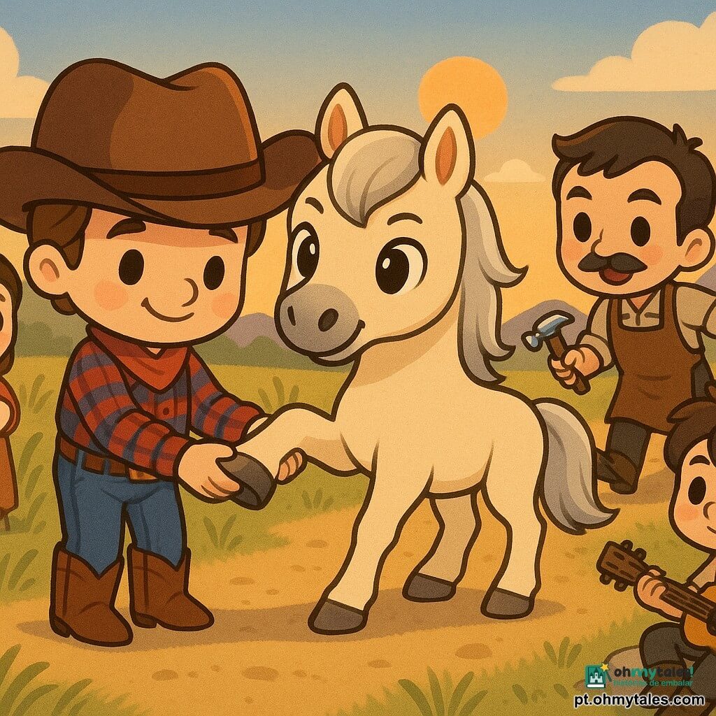 Um cowboy sorridente e calmo, chibi, pele clara, grande chapéu castanho, camisa xadrez vermelha e azul e botas de couro segura delicadamente o casco do cavalo Luar, de pelagem creme e crina prateada, que levanta uma pata confiante; à direita chega correndo um ferreiro adulto (~40 anos) de bigode fino e avental de couro marrom com uma caixa de ferramentas e martelo, à esquerda recuada está uma jovem (~28 anos) da família sorrindo e segurando um bebê enrolado em rosa oferecendo um pano, e um rapaz (~20 anos) de cabelo desgrenhado sentado numa pedra com um pequeno violão castanho estende uma corda para ajudar; cenário: caminho de terra amarelo claro, ervas altas estilizadas, colinas suaves, céu azul amplo com sol baixo alaranjado e montanhas distantes ao crepúsculo, cores quentes e atmosfera de cooperação; estilo gráfico chibi kawaii, formas arredondadas, traços grossos e cores vivas.