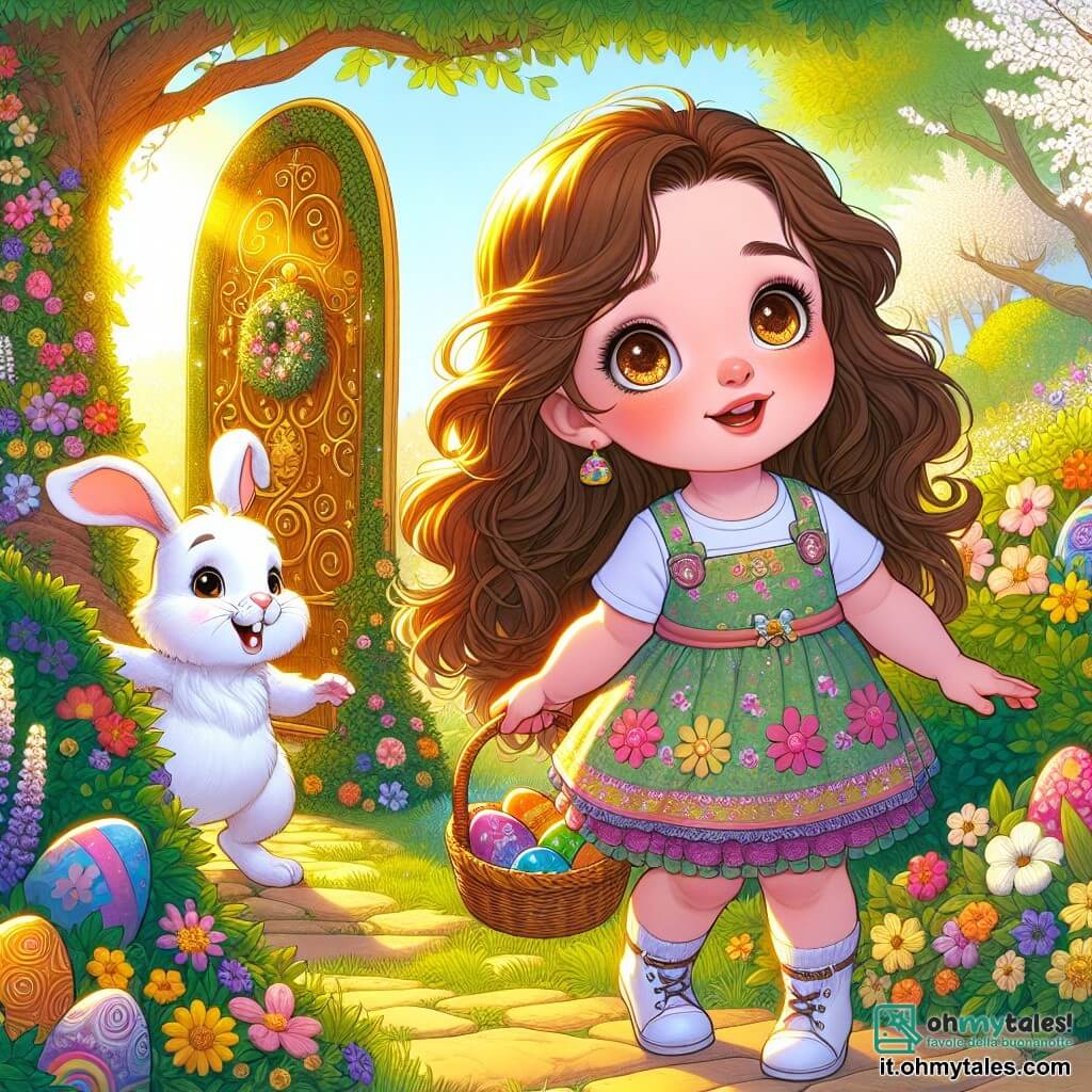 Una bambina di 4 anni, di nome Lara, con lunghi capelli castani e occhi pieni di curiosità, si trova in mezzo a un giardino soleggiato. Indossa un bel vestito colorato con motivi floreali e tiene un cestino di vimini pieno di uova di Pasqua multicolori. Il suo viso irradia gioia e meraviglia mentre scopre un sentiero segreto. Accanto a lei, un adorabile coniglietto bianco di nome Bubi, con un piccolo cappello colorato, sorride maliziosamente. È leggermente più piccolo di lei e si regge sulle zampe posteriori, pronto a mostrarle la sua tana magica. Il giardino è pieno di fiori brillanti, cespugli verdi e un grande albero con una porta dorata alla base, che sembra misteriosa e accogliente. I raggi di sole filtrano tra le foglie, creando un'atmosfera incantata. Lara, meravigliata, si prepara a seguire Bubi attraverso la porta dorata, scoprendo un mondo magico pieno di sorprese pasquali.