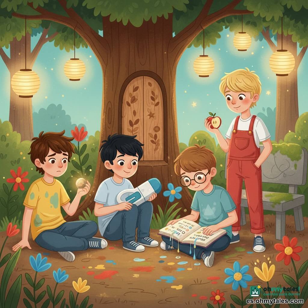 Cuatro niños de 9 años: Nico, pelo castaño despeinado, camiseta amarilla manchada de agua, sostiene una pequeña piedra luminosa; Santi, pelo negro corto, sudadera verde, agachado con una goma enorme; Manu, pelo castaño, gafas redondas, camisa a cuadros azul, mira su cuaderno húmedo sobre las piernas; Joel, rubio con peto rojo, de pie con una manzana compartida; están reunidos al atardecer en un jardín mágico junto a una puerta de madera dibujada, suelo de tierra salpicado de pintura, flores de papel y árboles con puertas incrustadas, farolillos emiten luz cálida y un banco de piedra cubierto de musgo; el cuaderno permanece húmedo tras volcarse un vaso, las palabras se convierten en gotas de color y las letras brillan como mariposas, atmósfera íntima, colores cálidos y complicidad visible.