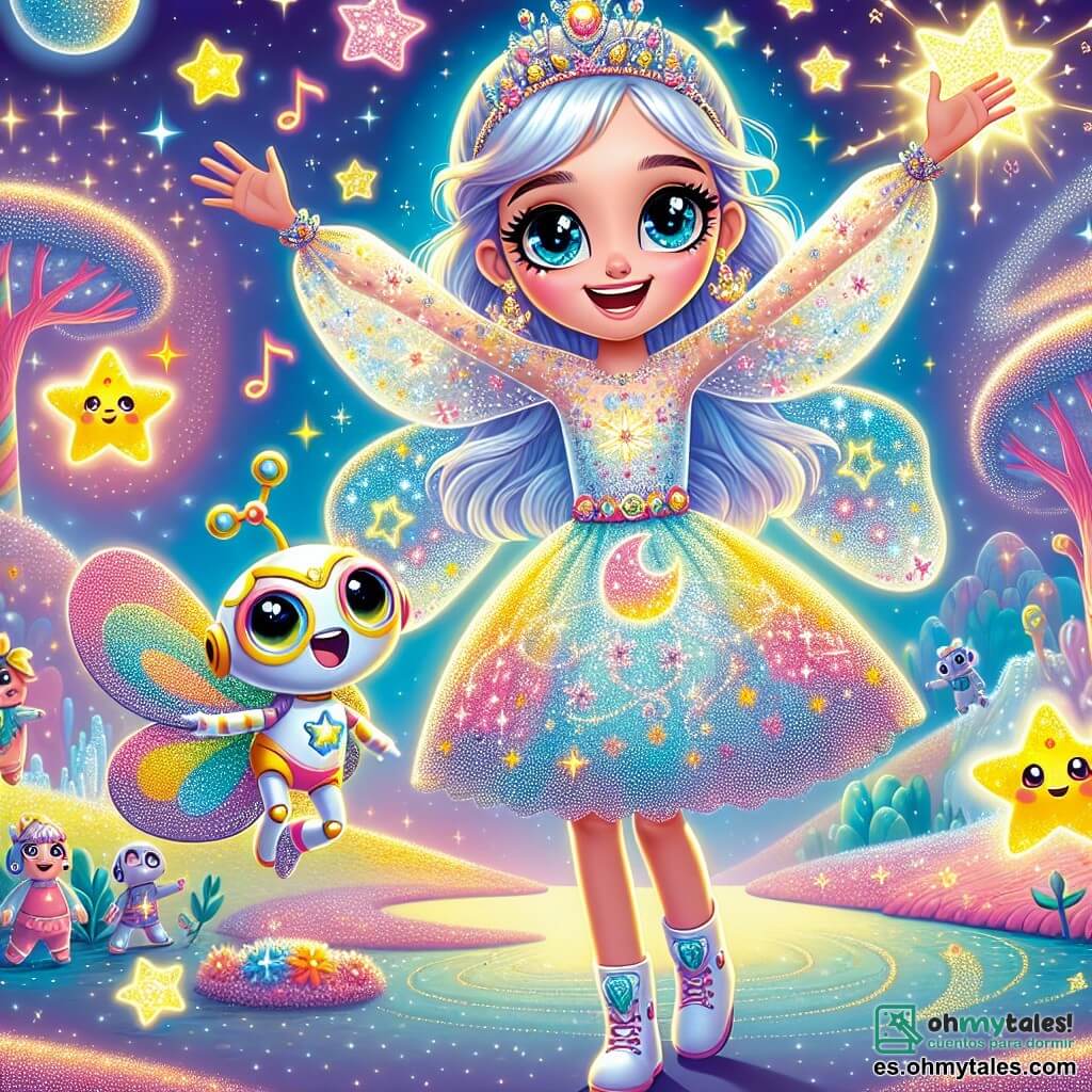 Lila, una joven con cabello azul cielo y ojos brillantes, se encuentra en el centro del escenario, con una radiante sonrisa en el rostro y los brazos levantados hacia el cielo, rodeada de un aura de magia centelleante. Lleva un vestido ligero de colores vivos, adornado con motivos de estrellas y planetas, y parece llena de energía y determinación. A su lado, Zappy, un pequeño robot con alas de mariposa, flota alegremente, sus ojos luminosos destilan emoción. Está gesticulando con sus pequeñas manos metálicas, como si guiara a Lila en su magia. El escenario es un paisaje de ensueño de Estrellavia, con árboles de troncos coloridos que parecen bailar, flores cantantes que emiten notas alegres y un cielo estrellado de tonos violetas y dorados. Cristales luminosos flotan a su alrededor, iluminando la escena con una suave luz. La situación principal muestra a Lila y Zappy unidos con otras criaturas mágicas, cantando juntos para crear una poderosa magia que repela al Cazador de Sombras, una sombra amenazante que planea sobre ellos, buscando robar su luz.