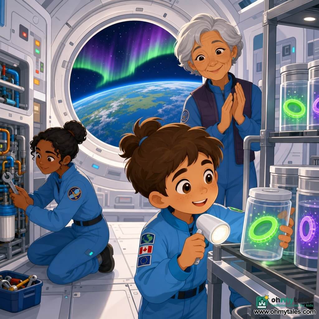 Main character: Milo, a round-faced boy with a gentle smile and awed expression, brown hair tied back, wearing a light-blue suit with small flags on the sleeve; he holds a small white lamp and examines clear jars on a metal shelf. Secondary: Amina, a young woman with olive skin and black hair in a bun, calm and smiling, kneels left of Milo repairing a filter with a wrench near a pipe panel. Secondary: an elderly female scientist with short silver hair and a kind lined face stands behind Milo with arms crossed, gently applauding. Setting: bright orbital module interior with smooth white walls and gray panels, a large round window showing blue-green Earth and green-purple aurora ribbons, and labeled glass jars on shelves. Scene: Milo studies jars containing small glowing ring-shaped forms, green and purple; warm, calm atmosphere, soft light, clear composition, vivid contrasting colors, simple shapes and clean outlines for a child-friendly, readable look.