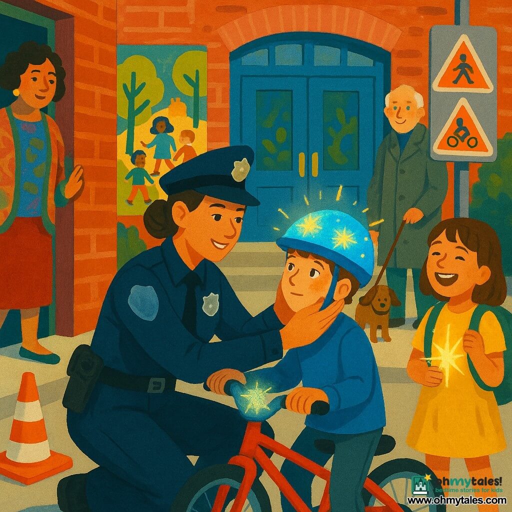 A warm, confident policewoman named Nina with slightly tanned skin and brown hair in a bun, in a neat navy uniform and shining badge, kneels smiling to adjust a boy’s blue helmet before a red-brick elementary school with a large blue door and a colorful mural; to the left Mrs. Patel, a cheerful shopkeeper in her forties wearing bright clothes, stands by a shop door, while an elderly man in a gray coat holds a small brown dog behind the children; the curious eight-year-old boy stands by his red bike with blinking-star helmet, a seven-year-old girl in a yellow dress and green backpack laughs from the right holding a bike light that blinks like a star, orange cones and safety posters line the sidewalk, the scene bright, colorful and reassuring as a safety check before Bike-Walk Week.