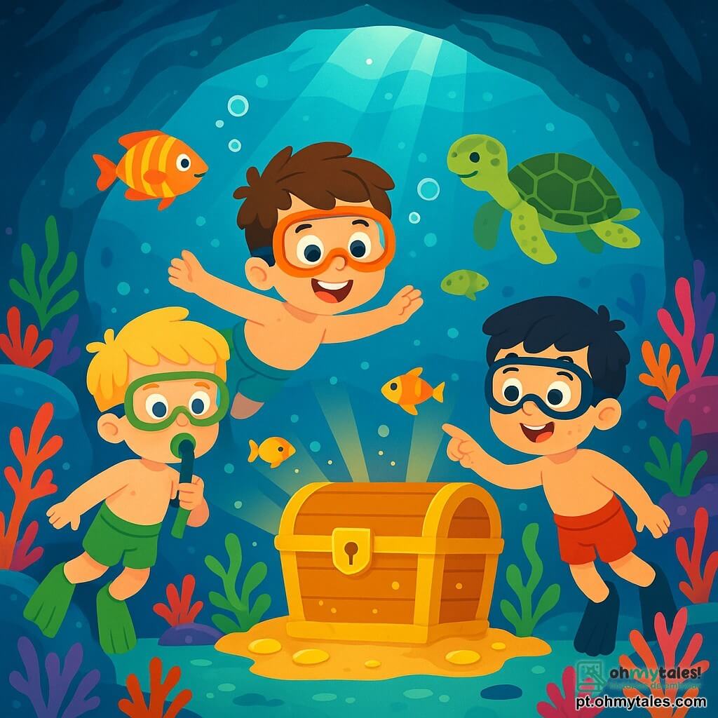 Há 3 personagens: Tiago, um garoto de 5 anos com cabelos castanhos e olhos brilhantes, vestindo um maiô azul e uma máscara de mergulho laranja, nada sorrindo na frente dos amigos. Lucas, também de 5 anos, tem cabelos loiros e usa óculos de mergulho, com um maiô verde e um snorkel, observa uma bela tartaruga que nada ao lado deles. Pedro, com cabelos negros e sardas, veste um maiô vermelho e aponta para um peixe colorido que passa perto. O cenário é uma caverna subaquática deslumbrante, cheia de corais coloridos e peixes tropicais, com luz do sol filtrando pela água e criando reflexos nas paredes. Os amigos descobrem um grande baú do tesouro dourado no centro da caverna, cercado por peixes curiosos e uma luz brilhante, maravilhados e prontos para abrir o baú e descobrir o tesouro escondido.