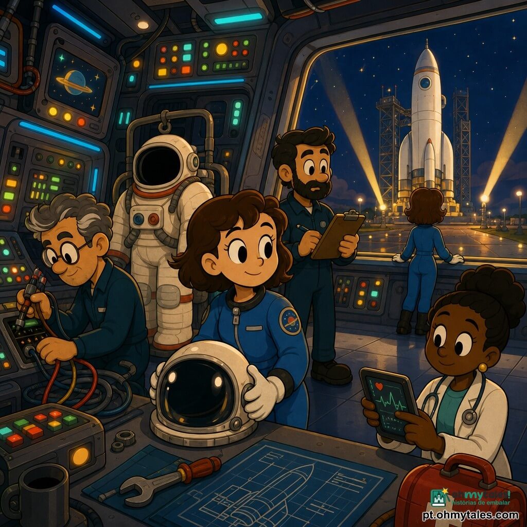 Uma jovem astronauta, Lia, rostro sereno e sorridente, olhos atentos, cabelo castanho curto, veste uma roupa azul sob um grande traje espacial branco pousado ao lado e segura o capacete brilhante sobre a mesa; à esquerda um técnico de ~35 anos, concentrado, óculos redondos e cabelo grisalho, verifica cabos perto de um pupitre; à direita uma médica de ~40 anos, sorriso suave e cabelo apanhado em coque, mede a pressão num tablet junto a uma mala médica vermelha; atrás de Lia um engenheiro de ~30 anos, barba curta e olhar sério, segura uma checklist perto de um painel de comando; cenário: centro espacial interior com paredes metálicas cinza, néons frios azuis e painéis coloridos; ao fundo, através de uma ampla janela de hangar, ergue-se um grande foguetão branco iluminado por holofotes amarelos; cena principal: Lia junto à janela, mãos no parapeito olhando o foguetão do lado de fora, atmosfera calma de preparação pré-embarque, com ferramentas e ecrãs luminosos ao redor.