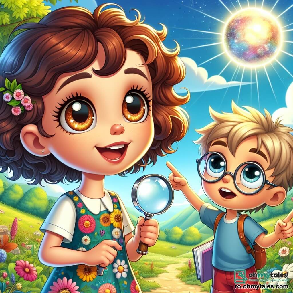 O fetiță de 8 ani, Sofia, stă în centrul imaginii, având ochi mari strălucitori de curiozitate și un zâmbet larg pe față. Are părul castaniu, buclat, poartă o rochie colorată cu flori și sandale. Sofia ține o lupă într-o mână și un carnet de notițe în cealaltă, privind cu uimire o sferă luminoasă care flotă în cer. Lângă ea se află prietenul ei Alex, un băiat de 8 ani cu părul blond zburlit și ochelari rotunzi. El arată cu degetul spre sferă, cu ochii mari de surpriză, îmbrăcat într-un tricou albastru și o pereche de pantaloni scurți roșii. În fundal, se vede o pădure verde cu copaci măreți și flori strălucitoare, iar cerul albastru deschis este presărat cu nori albi pufoși. Scena emană o atmosferă magică și fermecătoare. Sofia și Alex, uimiți, observă sfera luminoasă care pare să-i invite la aventură, înconjurați de frumusețea naturii și de emoția unei întâlniri extraterestre.