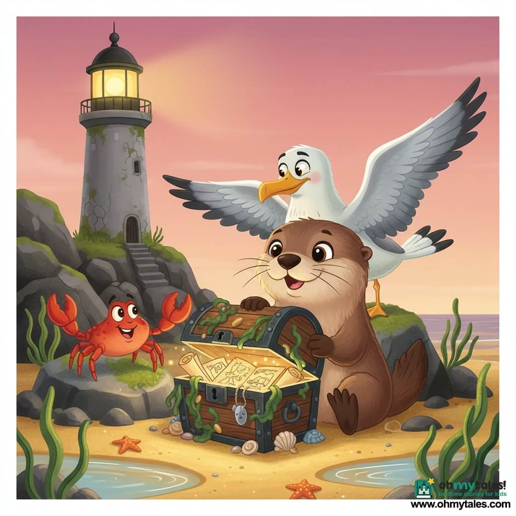 Oliver, a small chubby otter with soft brown fur and a cream belly, bright round eyes and silky whiskers, crouched and smiling as he opens a small chest covered in seaweed and shells; Luna, a tall white-and-gray seagull with a mischievous look and slightly spread wings, perched on a rock behind him watching curiously; Crumble, a vivid red crab with open claws and a playful expression, perched on a low rock to the left pointing the way with a claw; an old gray stone lighthouse with peeling paint and a warm yellow lantern blinking softly stands on a mossy rocky cliff in the background; the beach shows golden sand, sparkling tide pools, green seaweed, small orange starfish and a pink-orange twilight sky; main scene centered on the open chest revealing rolled parchments and ancient drawings with soft warm light falling on them, joyful magical adventure mood, saturated contrasting colors, clean vector style, simple shapes and readable silhouettes for immediate child-friendly recognition.