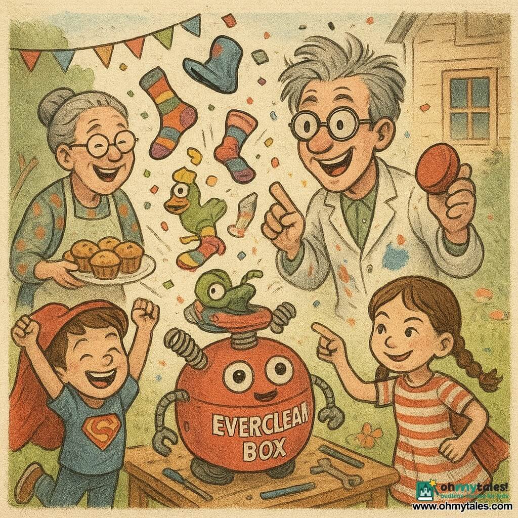 A smiling, enthusiastic inventor with light gray messy hair, crooked oversized round glasses and a paint‑stained smock holds a large red round remote in his right hand and points at the EverClean Box with his left; to his left Mrs. Plum, about 60, hair in a bun, floral dress and apron, laughs holding a plate of muffins; in the foreground right Eddie, 8, short brown hair and a superhero t‑shirt, jumps with a folded cape on his head; Sophie, 7, braided hair and a striped dress, grins and points at a pile of colorful socks by the box; the rubber chicken "Bob" sits dazed on the box with a sock stuck underneath; the colorful workshop-garden has a tool‑filled wooden table, cardboard tubes, bunting, a green lawn with flowers, a small shed and a partly open window; the round rolling robotic EverClean Box is centered with plastic eyes and springs, dancing and ejecting socks and a hat into the air amid confetti and laughter, bright colors, strong contrasts and a slightly sketchy, newspaper‑print look.