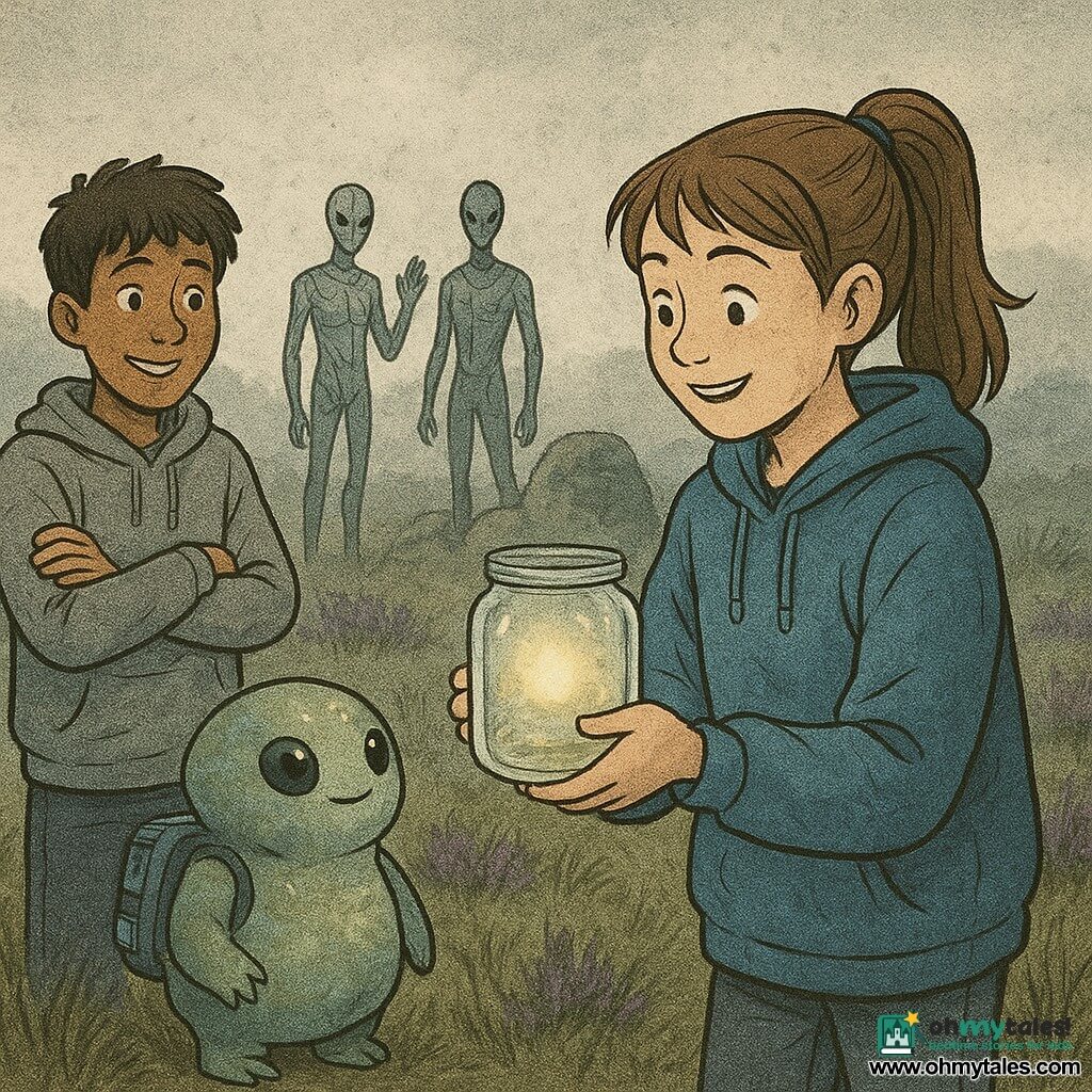A smiling, brave 12-year-old girl named Mira with brown hair in a ponytail and an oversized blue hoodie delicately holds a floating glass jar encircled by a pale ring of light, looking at it with amazed curiosity; to her left is Wes, about 12, round-faced with messy brown hair and a gray hoodie, arms crossed but smiling nervously as he watches. A small starfish-like alien named Ploof, shimmering green-silver with a tech backpack, floats shyly near the jar; three taller aliens (Vela, Glint, Rook) stand in the background in slim, map-patterned glowing suits, calm and welcoming around a large lichen-covered rock used as an anchor. The scene is a misty moor with wet grass, purple heather and silver fog—a quiet moment after a "gravity point" anchored, the light calming, characters in a protective circle conveying discovery and camaraderie, cool grays, blues and silvers punctuated by warm greens, violets and golden light in the jar. Graphic style: clean lines, newsprint-like textures, slightly desaturated palette with bright accents, composition centered on Mira and the jar.