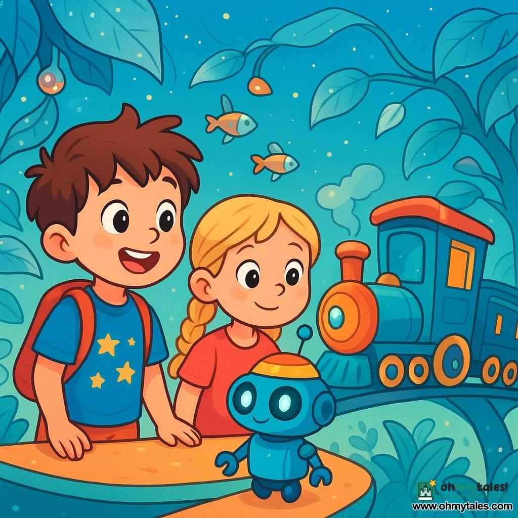 A 6-year-old boy, Tommy, with messy brown hair and sparkling curious eyes, stands at the edge of a floating platform, a look of wonder on his face. He wears a blue t-shirt with stars and a small red backpack. Next to him, Mia, a 7-year-old girl with braided blonde hair, gazes in fascination at a little robot named TICK, who has a funny hat and glowing eyes. They are in a futuristic garden suspended in the air, filled with silver-leaved plants that softly chime, and small metal fish swimming in the air. The scene shows Tommy and Mia ready to explore a magical world, surrounded by bright colors and sparkling lights, as they discover a playful train waiting for a time travel adventure.