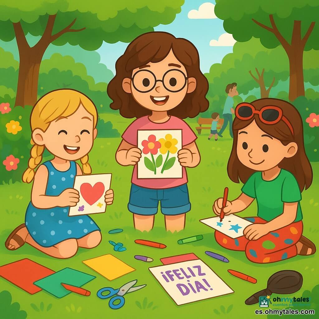 Hay 4 niños: - Clara: una niña de 9 años, con cabello castaño ondulado y gafas redondas. Lleva una camiseta rosa y un pantalón corto de mezclilla. Está de pie en el centro, sosteniendo una tarjeta decorada con flores de papel. - Lucía: una niña de 8 años, con cabello rubio trenzado y una sonrisa radiante. Lleva un vestido de lunares azules y sandalias. Está a la izquierda de Clara, pegando adhesivos en su tarjeta. - Ana: una niña de 9 años, con cabello castaño y gafas de sol en la cabeza. Lleva una camiseta verde y un pantalón colorido. Está a la derecha de Clara, dibujando estrellas en su tarjeta con lápices de colores. - Sofía: una niña de 8 años, con cabello negro y trenzas. Lleva una camiseta amarilla y una falda de mezclilla. Está sentada en el suelo, escribiendo un mensaje en su tarjeta con un bolígrafo brillante. El lugar es un parque soleado, lleno de flores coloridas y árboles verdes. Los rayos de sol filtran a través de las hojas, creando sombras danzantes en la hierba. Al fondo, se puede ver un banco de madera y familias paseando, añadiendo una atmósfera alegre a la escena. La situación principal muestra a las cuatro amigas creando tarjetas para el Día de la Madre, rodeadas de material de arte: papeles de colores, tijeras y lápices. Se ríen e intercambian ideas, cada una concentrada en su creación, con destellos de creatividad y amistad en el aire.