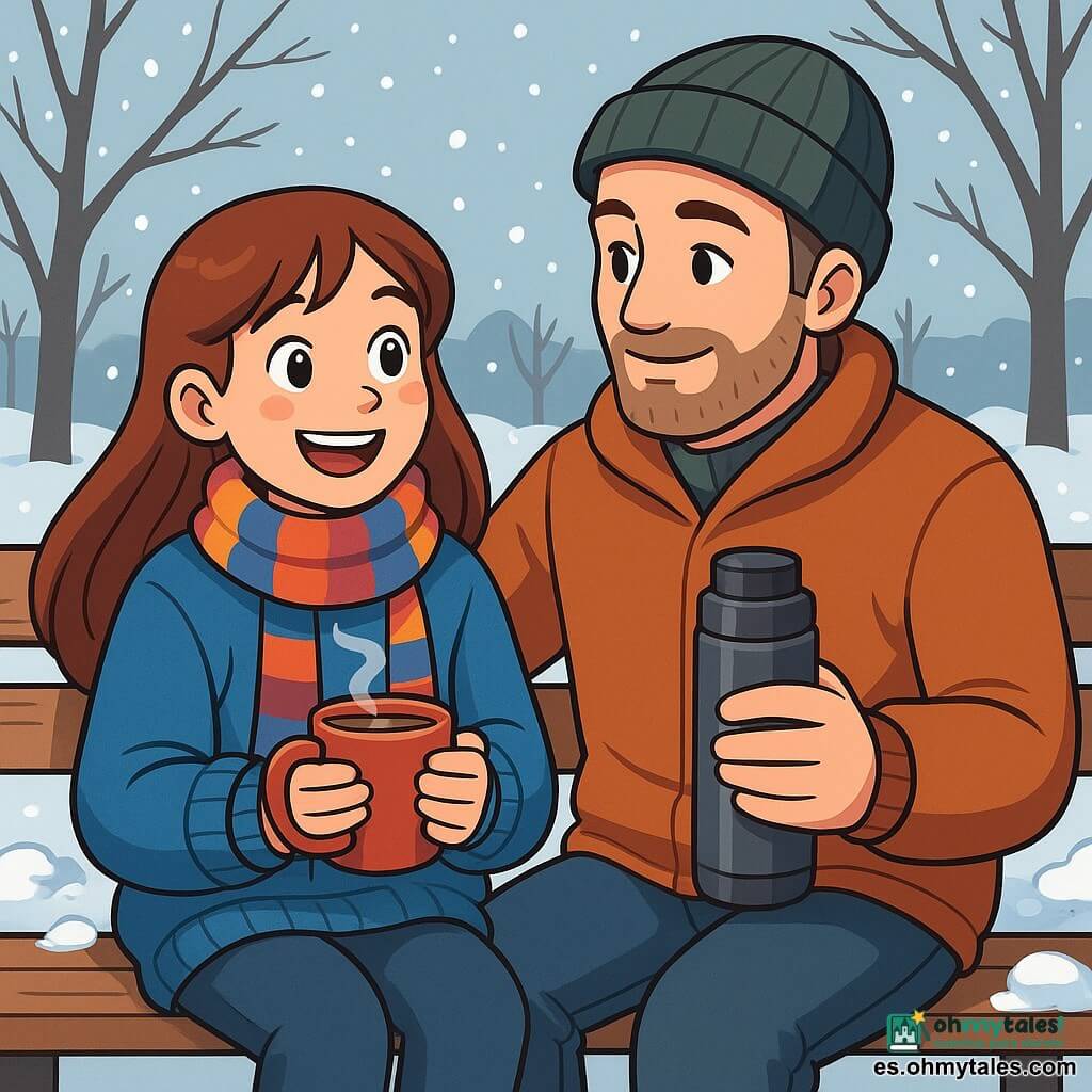 Una niña de 12 años, Clara, con largos cabellos castaños y mejillas sonrojadas, sonríe alegremente mientras sostiene una taza de chocolate caliente en sus manos. Lleva un grueso suéter de lana azul y una bufanda a rayas de colores, sus ojos brillan de emoción. A su lado, su padre, un hombre de unos cuarenta años, con una ligera barba y un gorro de lana, la mira con ternura, sosteniendo un termo de café. Están en un parque invernal, donde la nieve fresca cubre el suelo, los árboles están despojados y copos de nieve caen suavemente del cielo gris claro. Clara y su padre están sentados en un banco de madera, rodeados de pequeños montones de nieve y huellas, listos para disfrutar de un hermoso día de invierno juntos.