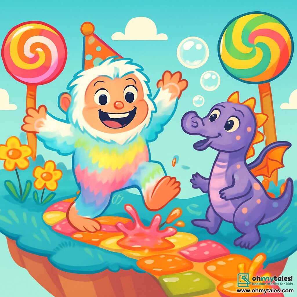 A cheerful Yeti with soft, colorful fur that shines like a rainbow dances on a candy path, his big round eyes sparkling with happiness. He wears a polka dot hat and a big smile that lights up his face. Next to him, a friendly dragon with purple scales and yellow spots blows shiny bubbles, his eyes twinkling with mischief. The setting is a floating island in the sky, with lollipop-shaped trees, blue grass tickling their feet, and flowers laughing as they sway in the wind. The scene shows the Yeti and the dragon sliding and jumping in colorful jelly puddles that splash around them, creating a joyful and playful party atmosphere.