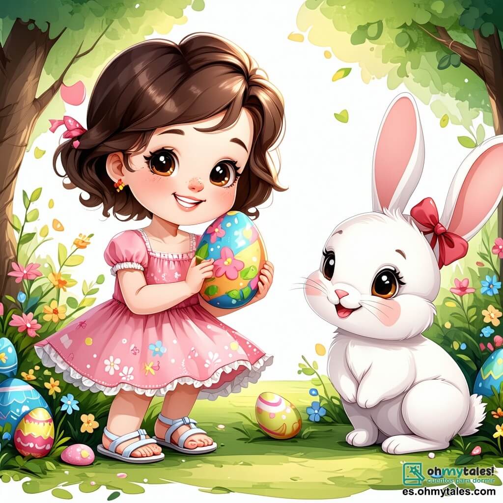 Una niña de 2 años, con grandes ojos brillantes y cabello rizado castaño, sonríe alegremente mientras sostiene un huevo de Pascua colorido en sus pequeñas manos. Lleva un vestido rosa con flores y sandalias blancas, y está agachada en un jardín verde. Junto a ella, un adorable conejito blanco, con grandes orejas y un moño rojo alrededor del cuello, salta alegremente. El jardín está lleno de flores coloridas y árboles verdes, con huevos de Pascua escondidos detrás de los arbustos y bajo las flores. El sol brilla en un cielo azul claro, creando un ambiente alegre y festivo. La escena principal muestra a la niña y al conejito buscando huevos de Pascua, con expresiones de felicidad y emoción en sus rostros, rodeados de la magia de este día especial.