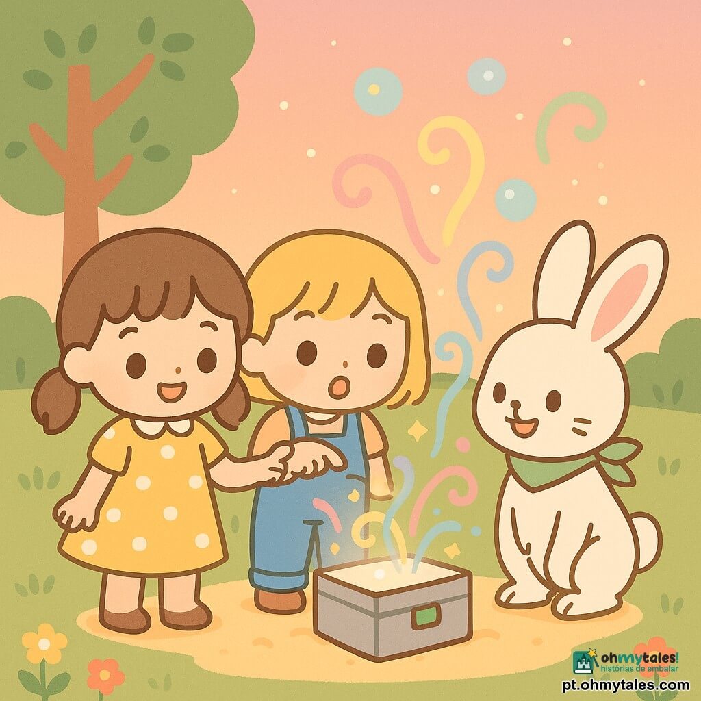 Há três personagens: Sofia, 7 anos, cabelos castanhos em couetes, vestido amarelo com bolinhas brancas, sorrindo e segurando uma pequena caixa brilhante; Clara, 7 anos, cabelo loiro curto, jardineira azul, olhando a caixa com espanto e apontando um botão verde com o dedo indicador; um coelho falante (masculino), de pelagem branca e orelhas rosadas, com uma pequena echarpe verde, sorrindo. Lugar: jardim familiar ao crepúsculo, grama macia, árvore alta de folhas arredondadas ao fundo, caixa de areia, pequenas flores coloridas e céu em degradê rosa‑laranja. Situação: as duas meninas inclinadas sobre uma caixa metálica brilhante aberta na areia, com um botão verde luminoso; volutas coloridas e bolhas translúcidas sobem em turbilhão ao redor delas e do coelho, sugerindo uma magia suave de viagem no tempo. Estilo: cores pastéis vivas, contornos finos, expressões muito legíveis, atmosfera alegre e segura.