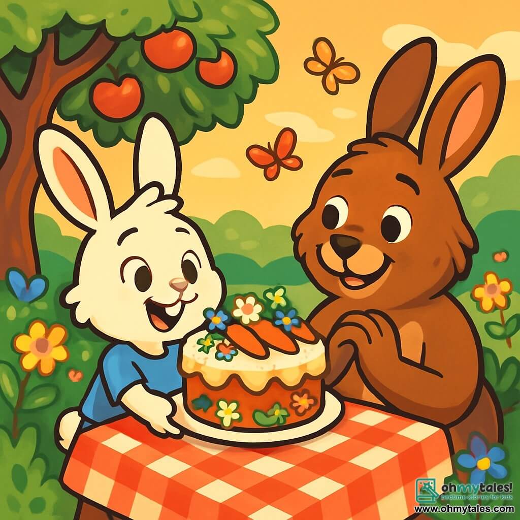 A young rabbit named Oliver, with bright white fur and sparkling eyes, is presenting a beautiful carrot cake decorated with wildflowers on a red and white checkered tablecloth. He smiles proudly, his large ears perked up, while standing in front of his dad, a brown-furred character with gentle eyes, who looks at the cake in wonder with a warm smile. Their garden is enchanting, filled with colorful flowers, fruit trees, and the soft golden light of the setting sun. In the background, an old apple tree provides shade, and butterflies flutter around them. The scene exudes a joyful and festive atmosphere, full of love and connection, as Oliver and his dad prepare to celebrate Father's Day together.