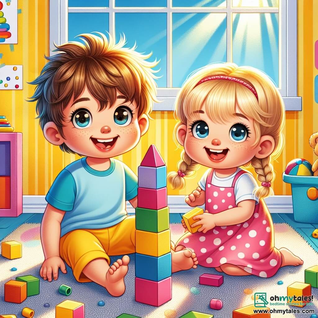 A 2-year-old boy with messy brown hair and sparkling eyes is sitting on the floor, smiling widely. He is wearing a bright blue t-shirt and yellow pants. Next to him is a 2-year-old girl with braided blonde hair and shining eyes, also smiling. She is wearing a pink dress with white polka dots and holding a building block in her small hands. They are in a bright and colorful room with yellow walls and toys scattered around. A soft, fluffy rug is under them, and sunlight is streaming in through a window, illuminating the scene. The two children are building a tower with colorful blocks, laughing together as the blocks fall messily. The atmosphere is joyful and friendly, filled with laughter and camaraderie.