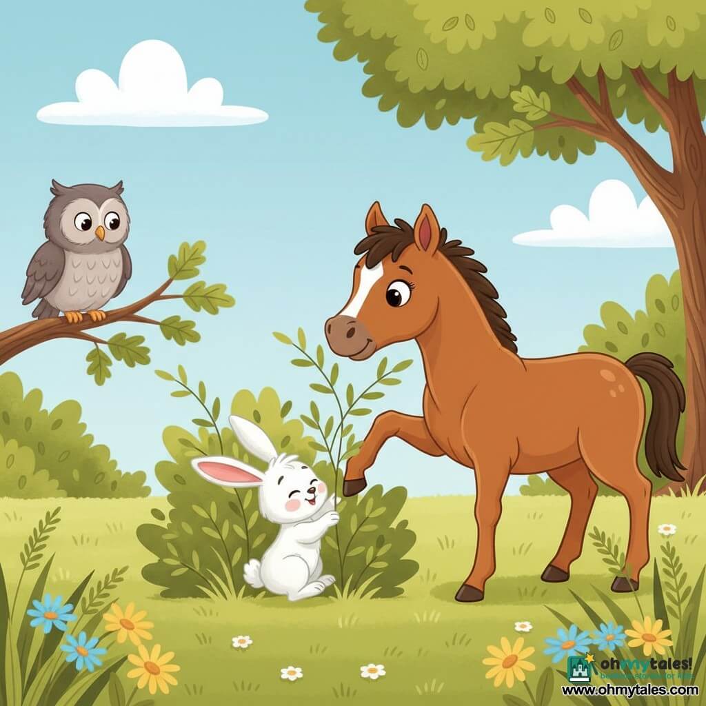 A small shiny brown pony with round expressive eyes and a gentle, brave demeanour nudging branches with its nose; a small white bunny with big pink ears and fluffy fur, looking relieved as it pushes out from low branches just in front of the pony; an old grey owl perched on a low oak branch to the left, calmly observing; a green meadow with tall grass, colorful flowers, a light-green leafy bush in the center, a large oak to the right and a pale blue sky with fluffy clouds — a simple, bright scene of the pony tenderly helping the bunny free itself.