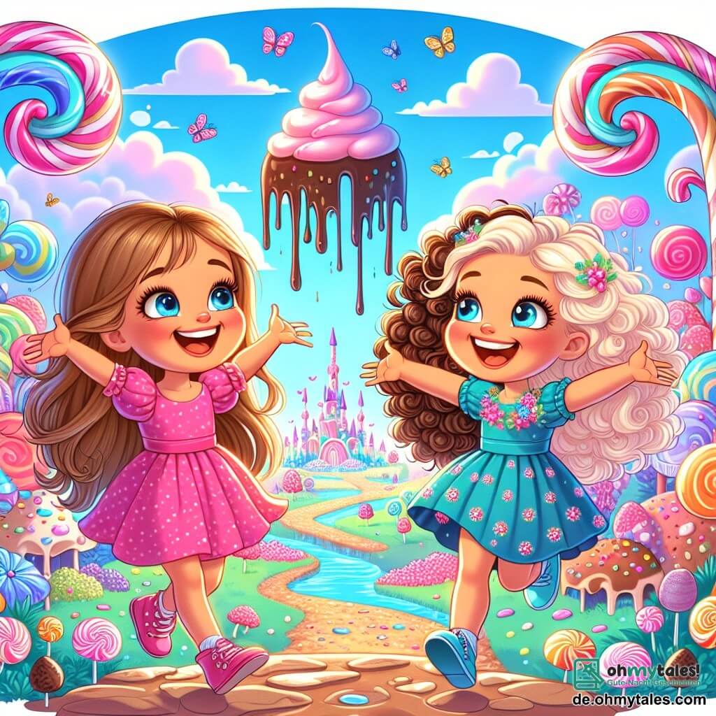 Zwei Mädchen, Mia und Emma, etwa 8 Jahre alt, stehen im Zentrum des Bildes. Mia hat lange blonde Haare und ein breites Lächeln und trägt ein rosa gepunktetes Kleid. Sie steht links, mit ausgebreiteten Armen, begeistert von der Landschaft. Emma, rechts, hat lockige braune Haare und funkelnde Augen, sie trägt ein blaues Kleid mit Blumen. Sie zeigt auf einen Zuckerstangenbaum, ihr Gesicht strahlt vor Freude.

Der Ort ist eine magische Welt voller lebendiger Farben: Zuckerstangenbäume mit bunten Stämmen, schimmernde Marshmallowblumen unter der Sonne und ein blauer Himmel mit Sahnewolken. In der Ferne fließt eine große Schokoladensoße wie ein Fluss, umgeben von Hügeln aus Süßigkeiten.

Die Hauptsituation zeigt die beiden Freundinnen, die herzhaft lachen, während ein kleiner Keks namens Krümel, mit einem lächelnden Gesicht und Keksarmen, neben einer riesigen Schokolade Pirouetten dreht und köstliche Schokoladensoße um sie herum spritzt.