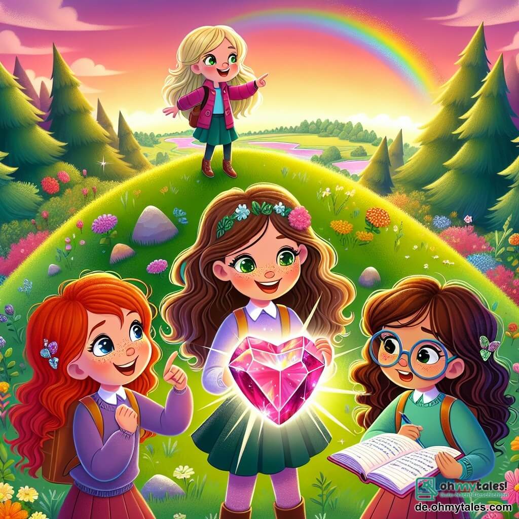 Vier zehnjährige Mädchen, Mia, Emma, Lila und Sophie, stehen auf einem grünen Hügel, ihre Gesichter von Aufregung erleuchtet. Mia mit langen braunen Haaren und funkelnden Augen hält einen leuchtenden herzförmigen Kristall in den Händen, während Emma mit roten Haaren und Sommersprossen auf den Himmel zeigt, wo ein Regenbogen erscheint. Lila mit lockigem blonden Haar schaut staunend auf den Kristall, während Sophie mit braunen Haaren und Brille in ein kleines Notizbuch schreibt. Die Szene spielt auf einem sonnigen Hügel, der mit bunten Blumen übersät und von majestätischen Bäumen umgeben ist. Am Horizont geht die Sonne unter und taucht den Himmel in goldene und rosafarbene Töne, während der Mond aufgeht und eine magische Atmosphäre schafft. Die Mädchen haben gerade die Kraft des magischen Kristalls entdeckt, den sie auf dem alten Spielplatz gefunden haben, und stehen kurz davor, gemeinsam einen Wunsch zu äußern, um ihre Träume zu verwirklichen.