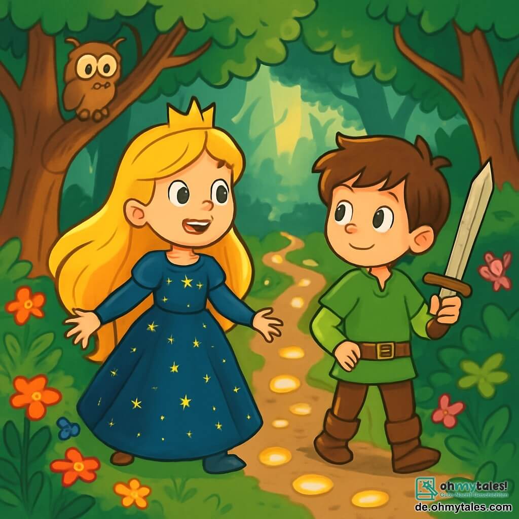 Die Prinzessin Mira, ein etwa 10-jähriges Mädchen, hat lange, goldene Haare, die wie Sonnenstrahlen glänzen. Sie trägt ein samtblaues Kleid, das mit kleinen, funkelnden Sternen verziert ist, und zeigt ein aufgeregtes Lächeln auf ihrem Gesicht. Sie steht am Rand einer Lichtung, umgeben von bunten Blumen, mit funkelnden Augen voller Abenteuer. An ihrer Seite steht ein junger Knappe namens Leo, 12 Jahre alt, mit zerzausten braunen Haaren und einem grünen Tunika. Er hält ein Holzschwert und schaut Mira bewundernd an, bereit, sie auf ihrem Abenteuer zu begleiten. Die Szenerie ist ein verzauberter Wald mit großen, knorrigen Bäumen, Lichtstrahlen, die durch das dichte Laub filtern, und magischen Kreaturen, die sich hinter den Büschen verstecken. Die Hauptsituation zeigt Mira und Leo, die sich darauf vorbereiten, einen geheimnisvollen Weg zu erkunden, der mit glänzenden Steinen gesäumt ist und sie scheinbar zu einem versteckten Schatz führt.