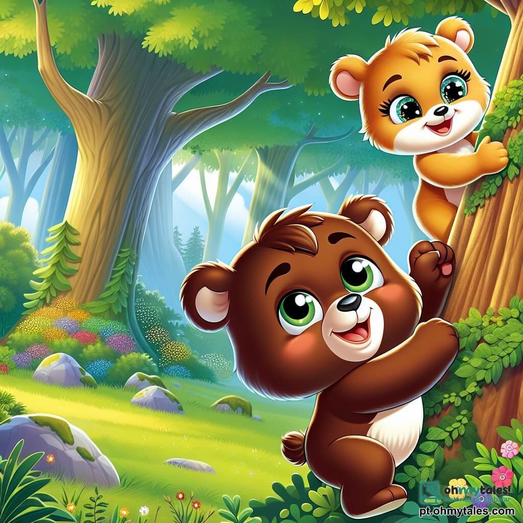 Em uma floresta encantada, um pequeno urso pardo chamado Tobias, com grandes olhos brilhantes e um sorriso determinado, sobe entusiasticamente em uma árvore. Ele é curioso e cheio de coragem, mostrando sua vontade de participar de uma competição de escalada. Ao seu lado, Linda, uma ursa de pelagem dourada e olhos cintilantes, o encoraja com um sorriso caloroso, suas patas levantadas em sinal de apoio. A cena se passa em uma clareira ensolarada, cercada por majestosas árvores de folhas verdes vibrantes, com flores coloridas que dançam ao vento. O solo é coberto de pequenas pedras e musgo macio, adicionando um toque de magia ao ambiente. Tobias e Linda, unidos pela amizade, escalam juntos a árvore, desafiando as dúvidas dos outros ursos, provando que a força vem da solidariedade e da igualdade.