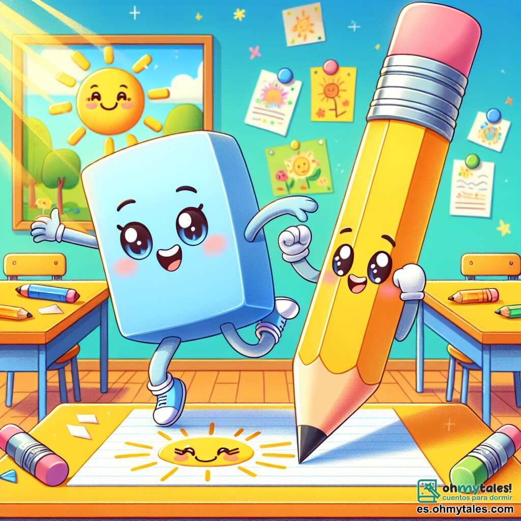 En el centro de la imagen, Goma, una pequeña goma de color azul claro, está llena de energía y sonriente, saltando de alegría sobre una mesa de clase. A su lado, Lápiz, un lápiz amarillo brillante, dibuja un gran sol en una hoja de papel, mostrando una expresión concentrada pero alegre. Al fondo, Cuaderno, un cuaderno de espiral con páginas coloridas, está abierto sobre una mesa, con dibujos de niños y notas esparcidas a su alrededor. La escena tiene lugar en un aula luminosa y colorida, con paredes pintadas de amarillo y carteles de dibujos infantiles. Goma y sus amigos trabajan juntos en un proyecto escolar, riendo y animándose mutuamente, simbolizando la amistad y la colaboración en el aprendizaje.