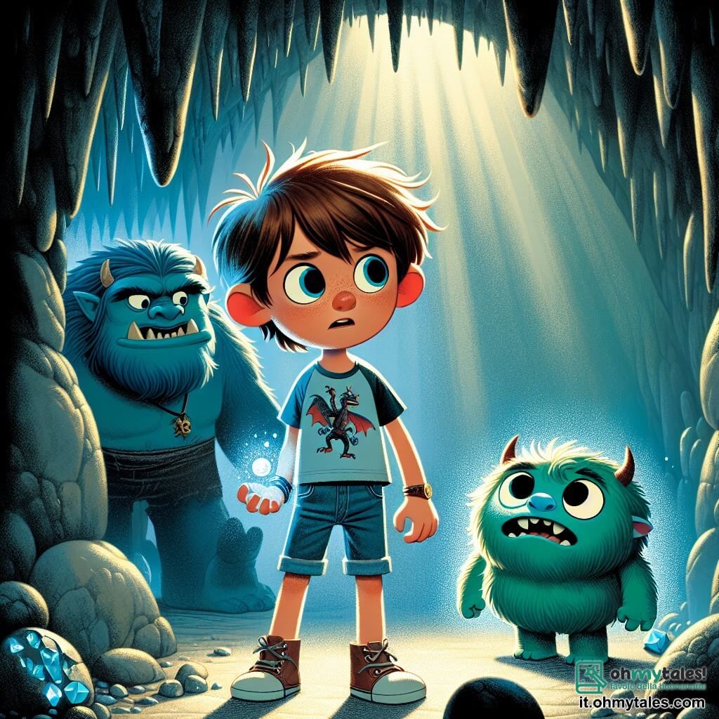 Un ragazzo di 9 anni, di nome Luca, si trova coraggiosamente davanti all'ingresso di una caverna buia, con gli occhi brillanti di determinazione. Ha capelli castani disordinati, una maglietta blu con un drago disegnato sopra e dei pantaloni corti di jeans. Tiene in mano un piccolo cristallo blu luminoso che illumina dolcemente il suo viso. Accanto a lui, Milo, un piccolo mostro blu con grandi occhi rotondi e un sorriso amichevole, guarda il troll con espressione preoccupata. Milo ha orecchie a punta e braccia corte, e indossa un piccolo fazzoletto rosso attorno al collo. Il luogo è una caverna misteriosa, con pareti di pietra ruvida e cristalli scintillanti che riflettono la luce del cristallo di Luca. Le ombre danzano sulle pareti, creando un'atmosfera magica e inquietante. La situazione principale mostra Luca e Milo confrontarsi con un grande troll verde, che si trova davanti a loro con un'espressione minacciosa ma anche un po' sorpresa. Il troll è massiccio, con denti aguzzi e occhi penetranti, mentre la luce del cristallo di Luca crea una barriera brillante tra loro, simboleggiando il coraggio e l'amicizia che li unisce.