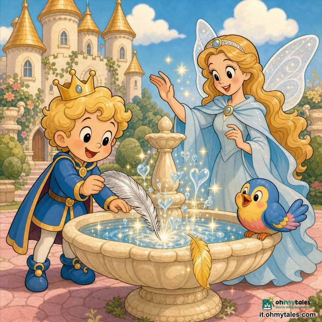 Un piccolo principe sorridente, biondo riccio, con piccola corona luminosa e abito corto blu con bordi dorati, tiene delicatamente una piuma argentata sopra una fontana di pietra color crema; accanto a lui una fata Seta di 20–30 anni con mantello azzurro leggero, capelli lunghi, ali traslucide glitterate, mano alzata come a benedire la piuma; un pulcino tondo e colorato sul bordo della fontana, becco aperto, piuma gialla che cade nella vasca; sullo sfondo un castello con torri dorate e muri panna, vialetto lastricato rosa pallido e siepi a nuvola; l'acqua della fontana è immobile poi genera scintille e gocce a forma di cuoricini quando la piuma la tocca; atmosfera luminosa e palette pastello, texture lisce e lucenti, contorni spessi e arrotondati in stile cartoon rétro, composizione centrata sul principe e sulla fontana, espressione gioiosa e magica