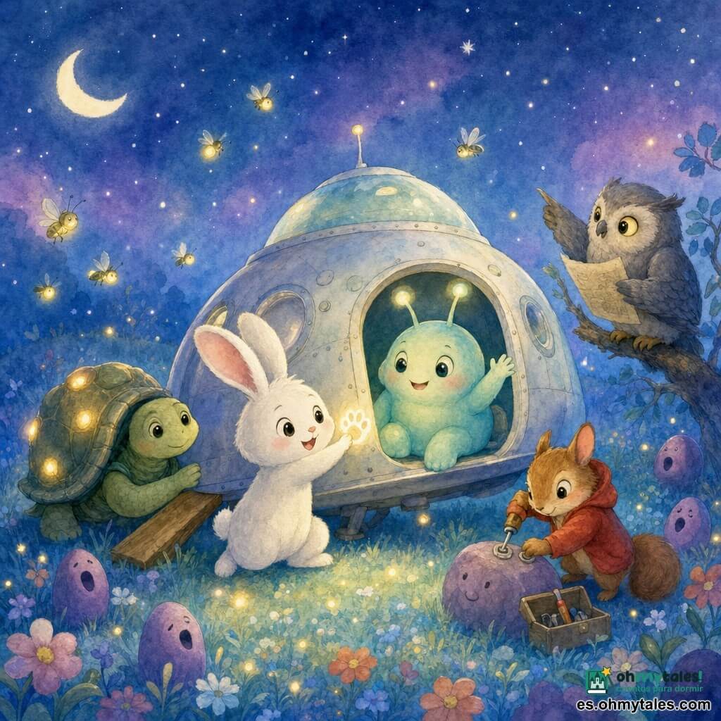 El personaje principal es Luno, un pequeño conejo blanco de grandes orejas y ojos brillantes, que sonríe mientras toca la pata luminosa dejada por el extraterrestre y mira la pequeña nave; el extraterrestre, criatura redonda y tímida de piel color menta con antenas luminosas, está sentado junto a la puerta abierta de la nave agitando sus antenas; una tortuga lenta y tranquila con caparazón brillante y un pequeño faro empuja una cuña bajo la nave a la izquierda de Luno; una ardilla vivaz de pelaje rojizo, con una caja de herramientas, atornilla un panel desde una piedra frente a la nave; un búho sabio y atento, de plumas grises, señala una carta posado en una rama baja a la derecha; el lugar es una colina de hierba azul bajo un cielo nocturno acuarelado con luciérnagas amarillas, piedras violetas y flores, y la escena muestra la nave reparada y lista para despegar suavemente, rodeada de amigos sonrientes en una atmósfera tierna y luminosa con colores pastel y texturas de acuarela.