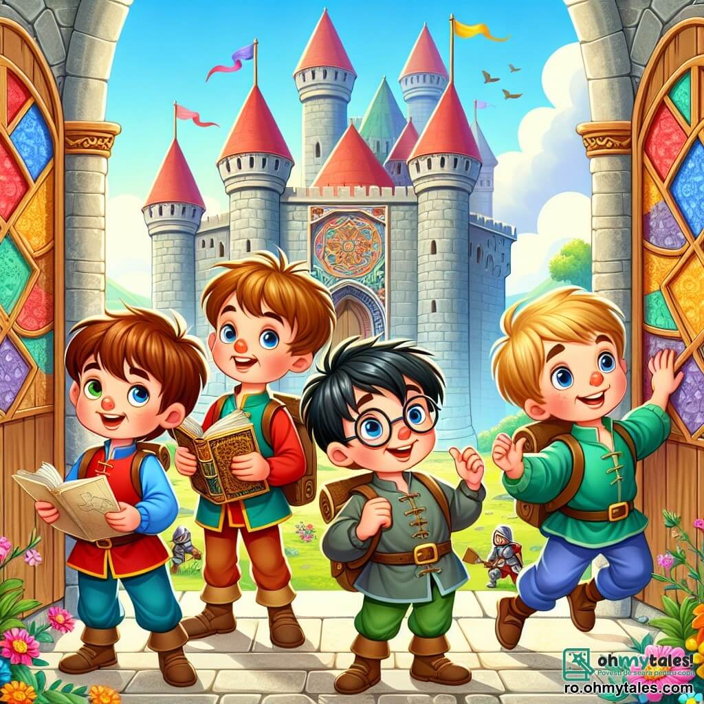 Patru băieți de șase ani stau împreună într-un castel medieval colorat. Andrei, cel mai curios, are părul ciufulit și poartă o tunică roșie, privind cu uimire o mare poartă din lemn sculptat. Radu, cel mai inteligent, are ochelari rotunzi și părul blond, ținând o carte veche și arătând spre o hartă lângă Andrei. Luca, plin de energie, are părul negru și poartă o pereche de pantaloni albaștri, sărind de bucurie lângă o fereastră cu flori colorate. În cele din urmă, Mihai, cu un zâmbet strălucitor, are părul castaniu deschis și poartă o tunică verde, aplecându-se să ajute un cavaler căzut, arătându-și curajul. Castelul este măreț, cu ziduri înalte din piatră gri, steaguri colorate fluturând în vânt și un cer albastru deschis în fundal. Flori strălucitoare decorează grădinile din jur, adăugând o notă de magie scenei. Băieții trăiesc o aventură incredibilă, descoperind o lume de cavaleri și prințese, învățând totodată importanța prieteniei și curajului.