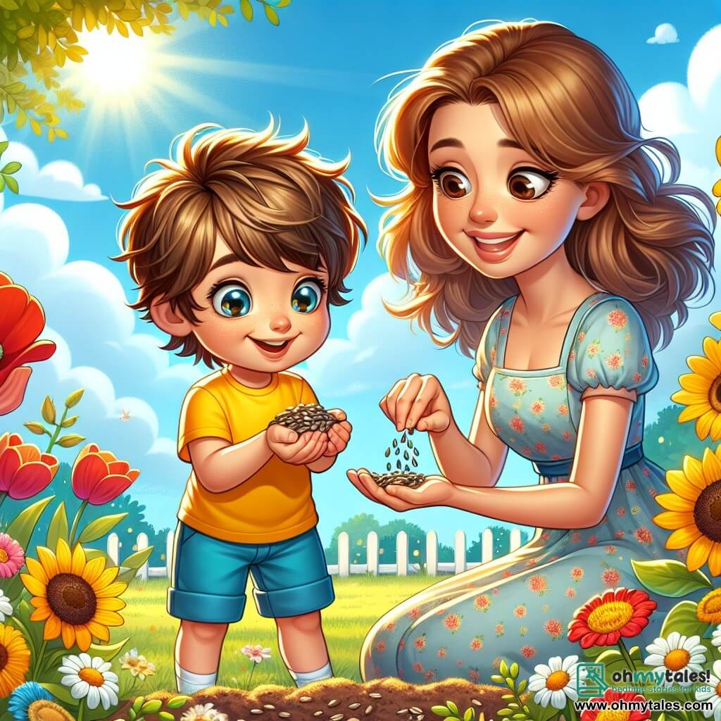 A 4-year-old boy named Max, with messy brown hair and sparkling eyes, is crouched in a sunny garden, holding sunflower seeds in his small hands. He wears a bright yellow t-shirt and blue shorts, and his face beams with excitement as he looks at the seeds. Next to him, his mother, a woman in her thirties with long brown hair and a warm smile, encourages him by showing him how to plant the seeds. She is dressed in a light floral dress and stands proudly with her hands on her hips. The garden is filled with colorful flowers, including red tulips, white daisies, and yellow daffodils swaying gently in the breeze. The sky is a bright blue, dotted with fluffy white clouds. In this scene, Max and his mother are planting sunflower seeds in the garden, surrounded by the beauty of spring, with sunlight illuminating their happiness.