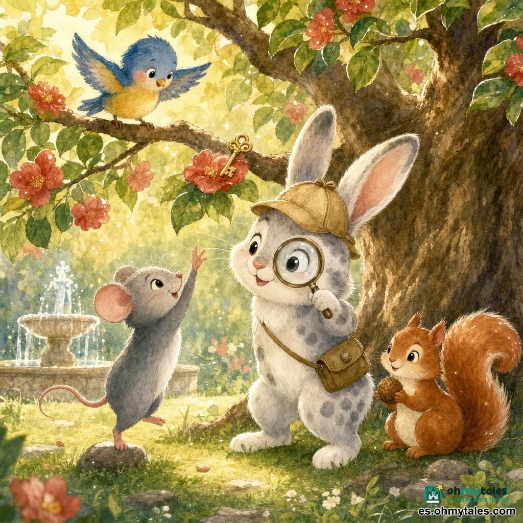 Nico, un pequeño conejo detective blanco con manchas grises, orejas tiesas, alegre y concentrado con una lupa frente a un ojo y boina beige ladeada; a su izquierda Lila, una ratoncita gris sonriente e impaciente en puntillas, señalando una llave; Paco, un pajarito azul y amarillo, posado en la rama baja aleteando tímidamente; Dani, una ardillita roja sentada al pie del árbol con una avellana; un gran árbol con una rama baja llena de flores rojas y hojas verde claro, luz dorada filtrándose, césped suave, algunas piedras y una pequeña fuente redonda al fondo; la llave pequeña y dorada brilla sobre una flor roja en la rama; ambiente cálido, lúdico y cómplice.