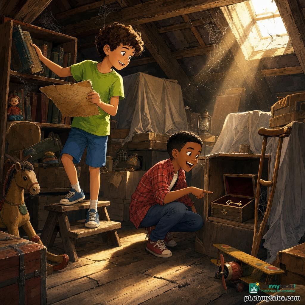 Dois meninos, Pedro (cabelos castanhos encaracolados, camiseta verde e short azul) à esquerda segurando um mapa amarelado e puxando um livro, e Miguel (cabelos curtos pretos, sorriso aberto, camisa xadrez vermelha e uma muleta de madeira) agachado à direita, descobrem num sótão empoeirado com vigas expostas e um raio de luz dourada um compartimento secreto numa estante que revelou um pequeno baú de madeira coberto de pó com uma chave brilhante dentro; ambos exibem surpresa e alegria enquanto partículas de pó são iluminadas pelo feixe de luz.