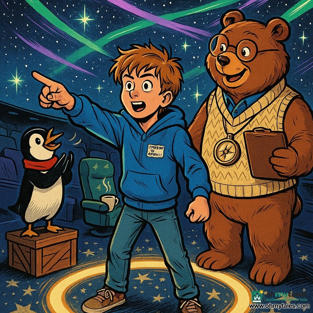 A 12-year-old boy, Noah, enthusiastic and slightly surprised, tousled brown hair, blue hoodie, worn jeans and a sticker reading I POINTED LIKE A PROFESSIONAL on his chest, stands inside a starlight ring pointing determinedly; beside him to the right is Barry the Compass Bear, warm brown fur, cream knitted vest, round glasses and a compass around his neck, holding a clipboard and smiling kindly at the fingertip; to Noah's left on a crate stands Captain Pebble the confident black-and-white penguin with a red scarf, feet apart like a teacher and tapping his beak in encouragement; behind Noah an animated planetarium chair with a green star-patterned cushion wiggles slightly and holds a steaming mug on an armrest; the scene is inside a large domed planetarium with a starry projection ceiling, green and purple aurora ribbons, a glittering star-carpet and curved rows of seats, capturing the comic, magical moment the sky begins to open and stars rearrange, warm, absurd and full of wonder.