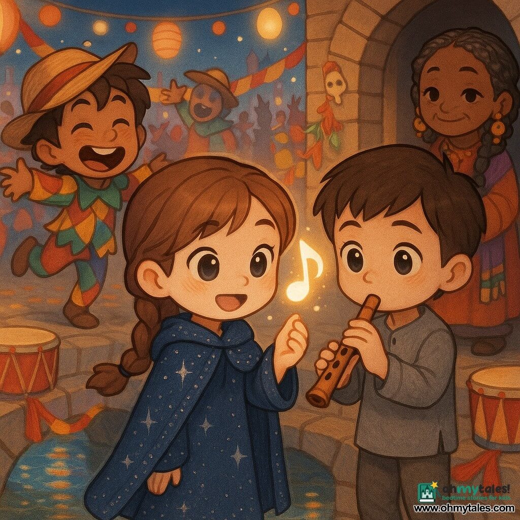 A smiling, focused 12-year-old girl, Lina, with light brown braided hair and bright eyes, wears a midnight-blue cape embroidered with silver and gently holds a glowing floating note near her shoulder; a shy but awed 12-year-old boy, Marek, with short brown hair and simple gray clothes, plays a small wooden flute as the glowing note settles above it while standing in front of Lina; an enthusiastic, clumsy 12-year-old boy, Joss, in a floppy hat and straw outfit, laughs and makes an exaggerated dance step beside them; an older mask-seller woman with braids, small bells and a colorful dress watches with an affectionate smile from the bridge entrance; they stand on an old stone bridge over a river decorated with drums, red and yellow ribbons and floating paper lanterns, colorful reflections in the water and a carnival-dressed crowd in the background, as Marek returns the glowing note, Lina’s cape shines, Joss dances and the crowd lights up in a festive, warm scene with bright colors and silver sparkles.