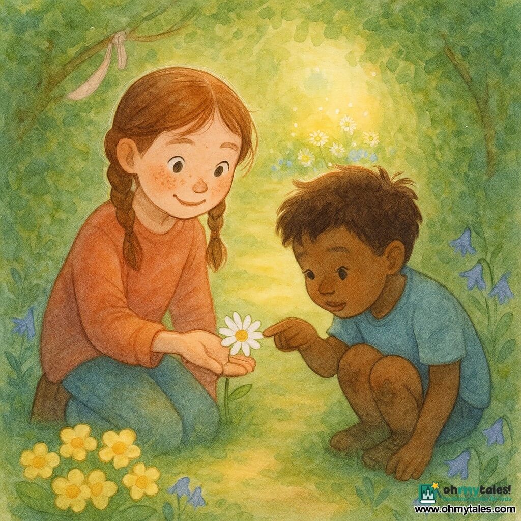 A 10-year-old girl with a round face, light freckles, chestnut hair in two braids, wide-eyed and softly smiling, kneels holding a small daisy flat in her hand; a curious, attentive 6-year-old boy with tousled hair and dirt-stained knees leans beside her, carefully touching a petal with his index finger. The hollow path is lined with green hedges, golden-yellow dappled light, a mossy carpet, clumps of yellow primroses and small blue bellflowers; a sunbeam forms a bright pool in a clearing making the flowers seem internally lit, and a pale pink ribbon tied to a low branch near the clearing entrance floats in the breeze. Intimate, calm close-up of the children discovering a spring flower, hands near, gentle attentive gestures. Color palette: soft greens, warm yellows, lavender blues and touches of pink, fluid watercolor texture with fine white highlights.