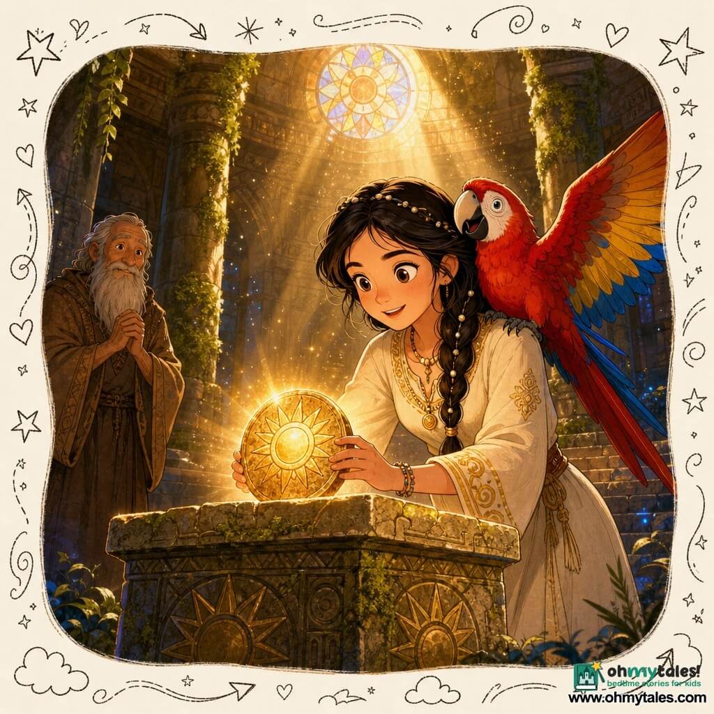 Amaya, a young woman, smiles determinedly as she gently places a warm, golden solar stone on a stone altar; she wears a cream linen dress with gold embroidery, has black braided hair with beads, and a colorful scarlet-blue-yellow macaw named Chico perches on her right shoulder with wings slightly spread. An elderly sage with a long gray beard and worn brown cotton robe stands back to the left, hands joined, watching proudly from the shadow. Inside a vaulted golden stone temple with sun motifs, moss-covered columns and colored stained-glass windows, sunbeams reveal drifting dust; the solar stone emits a golden halo that dispels bluish moving shadows, centered composition on the altar, warm gold vs cool shadows, magical soft youth-illustration style with gentle lines, tactile textures and small white doodle overlays (stars, spirals).