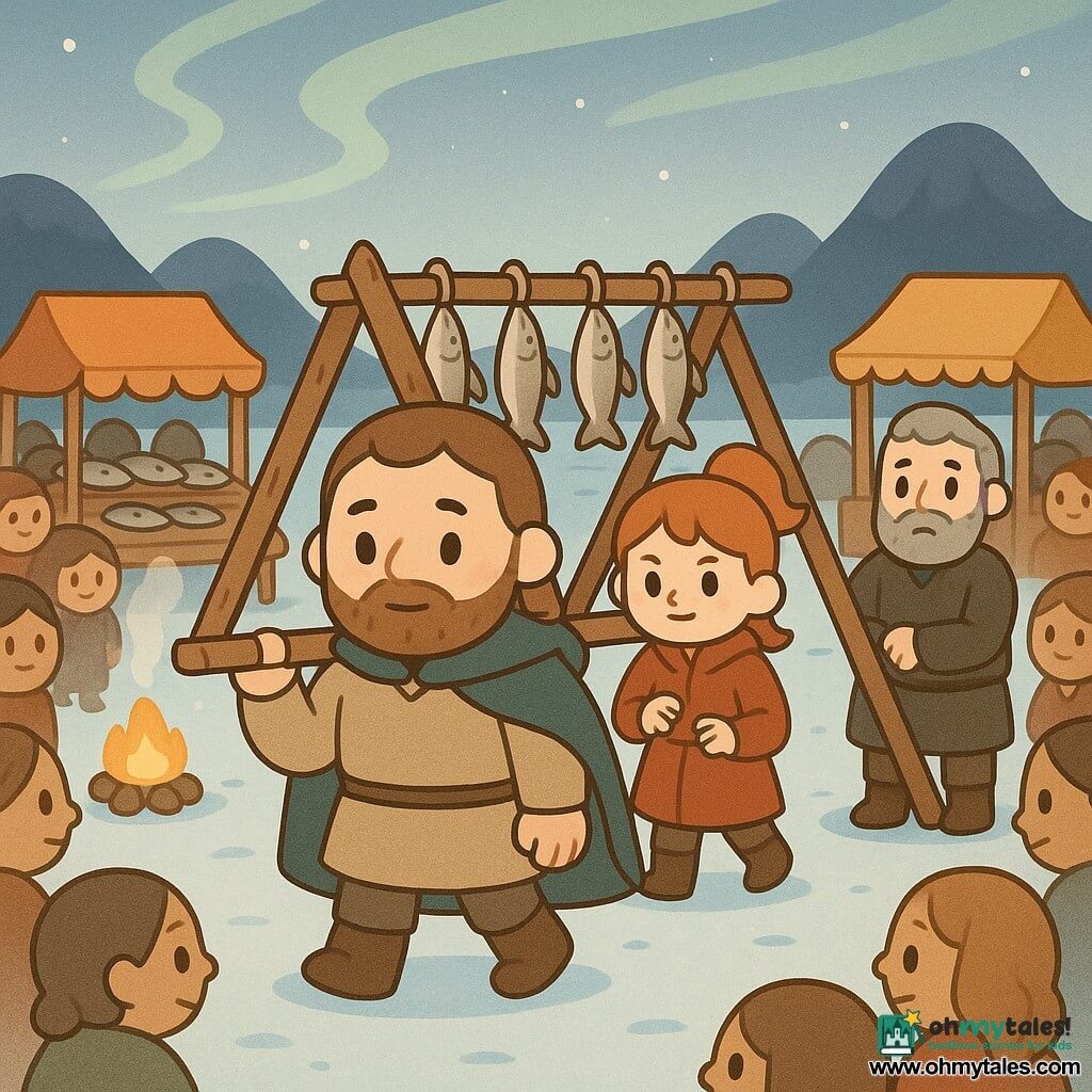 Main man: an adult named Einar with a round face and short beard, brown braided hair, calm determined expression and gentle resolute eyes, wearing a beige wool tunic and dark green coat, carrying a large wooden fish-drying rack on his shoulders and walking slowly center stage; secondary woman: Runa, about 16, red hair in a ponytail, mischievous protective expression, red coat, standing just behind Einar ready to intervene; secondary man: Haldor, about 40, graying hair and full beard, stern but softened face, dark tunic, standing beside the rack on the ground with arms crossed, watching with surprise and relief to Einar’s right; location: a frosty hill (Frost-Hill) with frozen ground, colorful merchant tents, smoking campfires, wooden benches and stalls selling dried fish and fabrics, dark mountains on the horizon and pale aurora ribbons; main scene: Einar carrying the large wooden rack amid a small curious crowd, faces turned to him with restrained laughter, tense but calm atmosphere, cold bluish light mixed with orange from campfires; visual style: minimalist kawaii with simple lines, thick outlines, soft limited palette (glacier blue, earthy greens, wood brown, red accent), light wool and wood textures, very readable empathetic facial expressions.