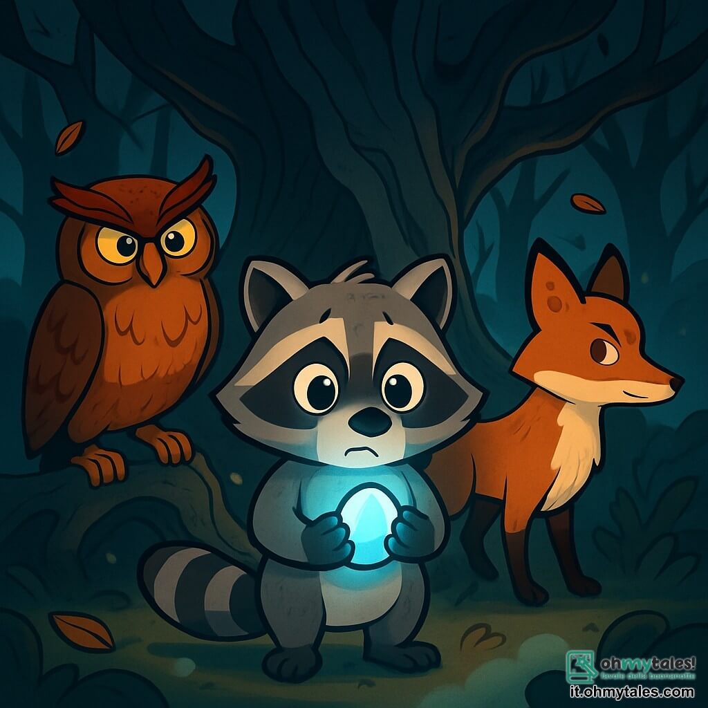 Un giovane procione di nome Tito, con occhi brillanti e pelliccia grigia, si trova al centro di una foresta oscura e misteriosa, con un'espressione di curiosità mista ad apprensione. Tiene tra le zampe una pietra luminosa che emette una dolce luce blu, illuminando il suo volto preoccupato. Accanto a lui, un saggio gufo di nome Leo, con grandi piume marroni e occhi gialli penetranti, osserva attentamente la pietra, con un'espressione seria e concentrata. Poco più in là, una volpe astuta di nome Flora, con pelliccia rossastra e coda folta, scruta i dintorni, con uno sguardo determinato e vigile. Il luogo è una foresta fitta, dove gli alberi nodosi si intrecciano, creando ombre inquietanti. Foglie cadono lentamente e una leggera nebbia aleggia a terra, aggiungendo un'atmosfera misteriosa. Tito, Leo e Flora si trovano davanti all'imponente e antico Albero delle Anime, le cui ramificazioni contorte sembrano allungarsi verso il cielo come braccia supplicanti, mentre cercano risposte sul potere della pietra luminosa.
