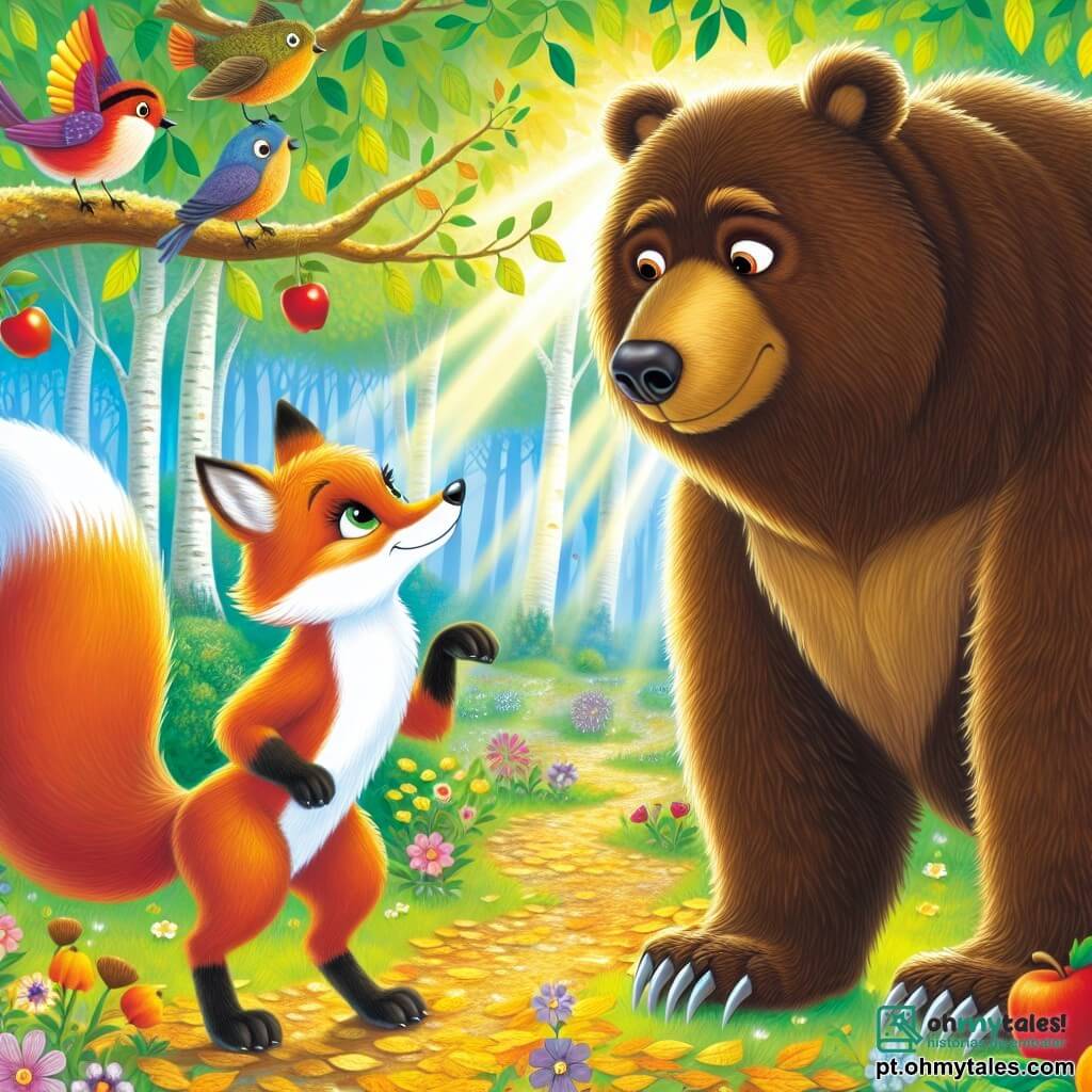 Um raposo chamado Felix, com um pelo brilhante de cor cobre e olhos cheios de curiosidade, está corajosamente diante de um grande urso pardo chamado Grunk, que parece ao mesmo tempo faminto e intrigado. Felix tem uma expressão determinada, pronto para ajudar, enquanto Grunk, com seu pelo desgrenhado e garras imponentes, parece hesitante, ouvindo atentamente o raposo. O cenário é uma bela floresta encantada, onde os raios de sol filtram através das folhas verdes, criando padrões de luz no chão coberto de flores coloridas e folhas douradas. Pássaros de penas brilhantes cantam nos galhos, adicionando um toque de magia à atmosfera. A situação principal mostra Felix tentando convencer Grunk a segui-lo até um vale cheio de frutas e peixes, ilustrando um momento de tensão e compreensão entre os dois personagens, simbolizando a amizade e a resolução pacífica de conflitos.