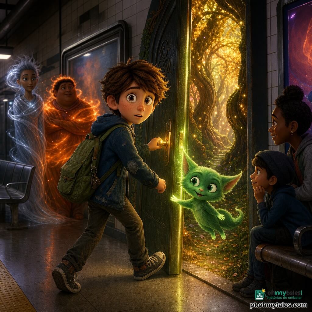 Um menino de 10 anos, rosto rondo com sardas, cabelo castanho despenteado e olhos arregalados, veste uma jaqueta azul gasta e mochila verde; segura a maçaneta de uma porta luminosa, avança uma perna com expressão maravilhada e hesitante. Nym, pequena criatura mágica do tamanho de um gato, corpo aveludado cor de esmeralda, olhos grandes brilhantes e orelhas pontudas, flutua à altura do ombro sorrindo e estende uma mão luminosa para a porta. Ao fundo, duas silhuetas estilizadas de famílias mágicas — uma do Vento, esguia e drapeada em tecido prateado translúcido, e uma dos Encantos, mais compacta envolta em chamas alaranjadas suaves — observam à distância. O cenário é uma estação de metrô urbana com azulejos cinzentos, bancos metálicos e uma porta antiga entre anúncios; do outro lado, uma floresta feérica de troncos retorcidos e folhas douradas que emanam luz suave. A porta entre mundos está entreaberta, emitindo luz verde e dourada; o menino hesita em entrar enquanto Nym o incentiva, num contraste entre o concreto frio da estação e a vegetação luminosa, numa atmosfera misteriosa e acolhedora.