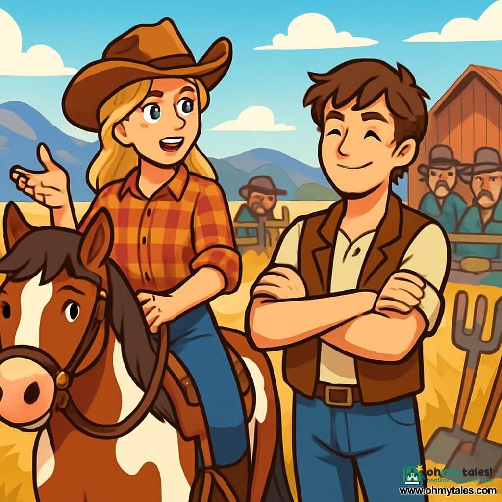 Ada Sullivan, a brave young woman of about 20, stands proudly on her paint horse, Scout. She has sun-kissed blonde hair, a tanned face, and sparkling eyes full of determination. Wearing a worn cowboy hat and a plaid shirt, her expression is resolute and hopeful as she gazes into the distance. Next to her, Jesse Martin, a 22-year-old man, stands with crossed arms and an encouraging smile. He has messy brown hair and wears a leather vest, slightly stepping back, ready to support Ada in her plan. The setting is a dusty ranch with arid fields stretching as far as the eye can see and mountains in the background under a bright blue sky. Gardening tools are scattered around them, indicating their hard work. The main scene shows Ada and Jesse passionately discussing their water-sharing canal project, surrounded by skeptical ranchers observing them from afar, their faces marked by worry and distrust.