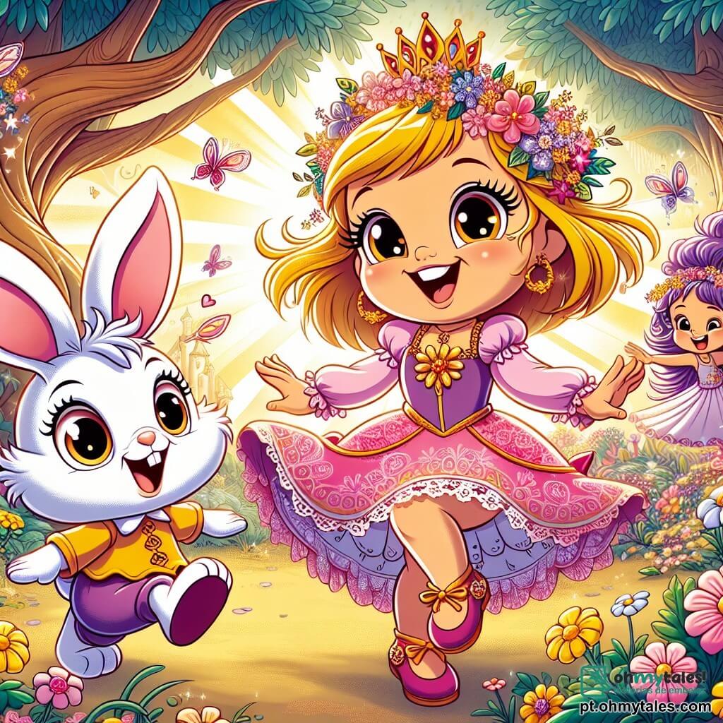 A princesa Lili, uma jovem de cabelos dourados e olhos brilhantes de malícia, usa um vestido rosa decorado com flores coloridas. Ela dança alegremente no meio da Floresta das Risadas, com um sorriso radiante no rosto. Ao seu lado, Pip, um pequeno coelhinho de grandes orelhas e pelagem branca, salta entusiasmado, seus olhos brilhando de alegria. Fifi, uma pequena fada com asas cintilantes e cabelos roxos, voa ao redor deles, rindo alto. A cena acontece em uma floresta mágica, onde as árvores são altas e curvadas, suas folhas vibram em cores vivas, e flores multicoloridas crescem por toda parte. Raios de sol filtram-se através dos galhos, criando uma atmosfera calorosa e alegre. A situação principal mostra Lili, Pip e Fifi dançando juntos, cercados de risos e magia, enquanto uma grande árvore engraçada se inclina em direção a eles, provocando-os com sua voz divertida. Os personagens estão imersos em um momento de pura felicidade e camaradagem, cheios de risos e alegria.