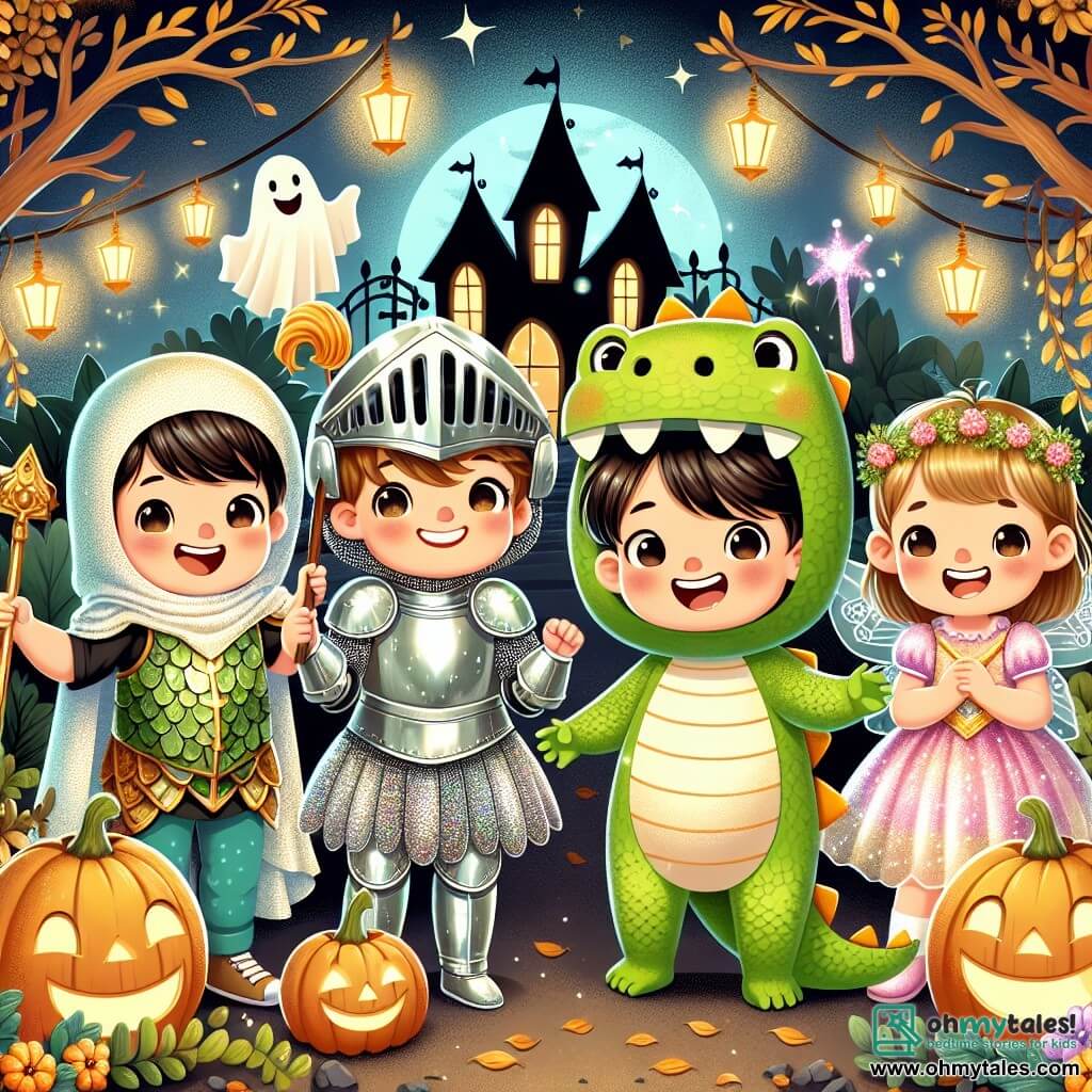 In an enchanted garden, four friends stand together, ready for their Halloween adventure. Benny, a five-year-old boy, wears a shiny knight costume with cardboard armor and a bright smile, holding a cardboard sword enthusiastically at the center. To his right is Tommy, also five, dressed as a dinosaur in a green scaly suit with a large dinosaur head, laughing joyfully. On Benny's left is Lily, a five-year-old girl in a sparkling fairy dress with pink wings, holding a magic wand and looking around curiously. Floating slightly behind them is Max, a five-year-old boy dressed as a little ghost, with a white sheet and round eyes, smiling shyly. The garden is decorated with smiling pumpkins, shiny spider webs, and colorful lanterns lighting up the night, surrounded by trees with golden leaves, creating a magical and slightly mysterious atmosphere. The friends stand together, ready to knock on the door of an old, mysterious house to ask for candy, excited and a bit nervous, but their friendship gives them courage.