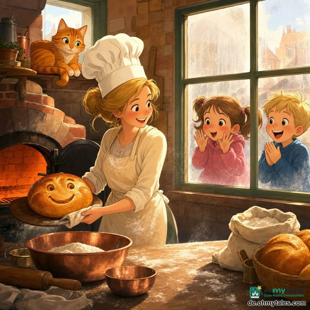 Lotte, eine lächelnde, fröhliche Bäckerin mit roten Wangen, blondem Dutt, großem weißem Bäckerhut und cremefarbener, mehlbefleckter Schürze, hält zärtlich ein rundes goldbraunes Brot mit einem lächelnden Gesicht; der Kater Max mit rotbraunem Fell und grünen Augen liegt schnurrend auf der Fensterbank links; draußen rechts drückt das etwa sechsjährige Mädchen Mia mit braunen Zöpfen die Nase an die beschlagene Scheibe, neben ihr lacht der etwa siebenjährige Tom mit kurzem blondem Haar und blauem Pullover und klatscht; die kleine, warme Bäckerei mit hellen Ziegelwänden, mehlbedecktem Holztisch, Kupferschüsseln und offenem Ziegelofen, aus dem warmes Orangenlicht strömt, wird von morgendlichen Lichtstrahlen durchflutet; Lotte öffnet den Ofen und präsentiert das glänzende Brot, Mehl wirbelt in der Luft, die Kinder am Fenster applaudieren, die Atmosphäre ist gemütlich und einladend.