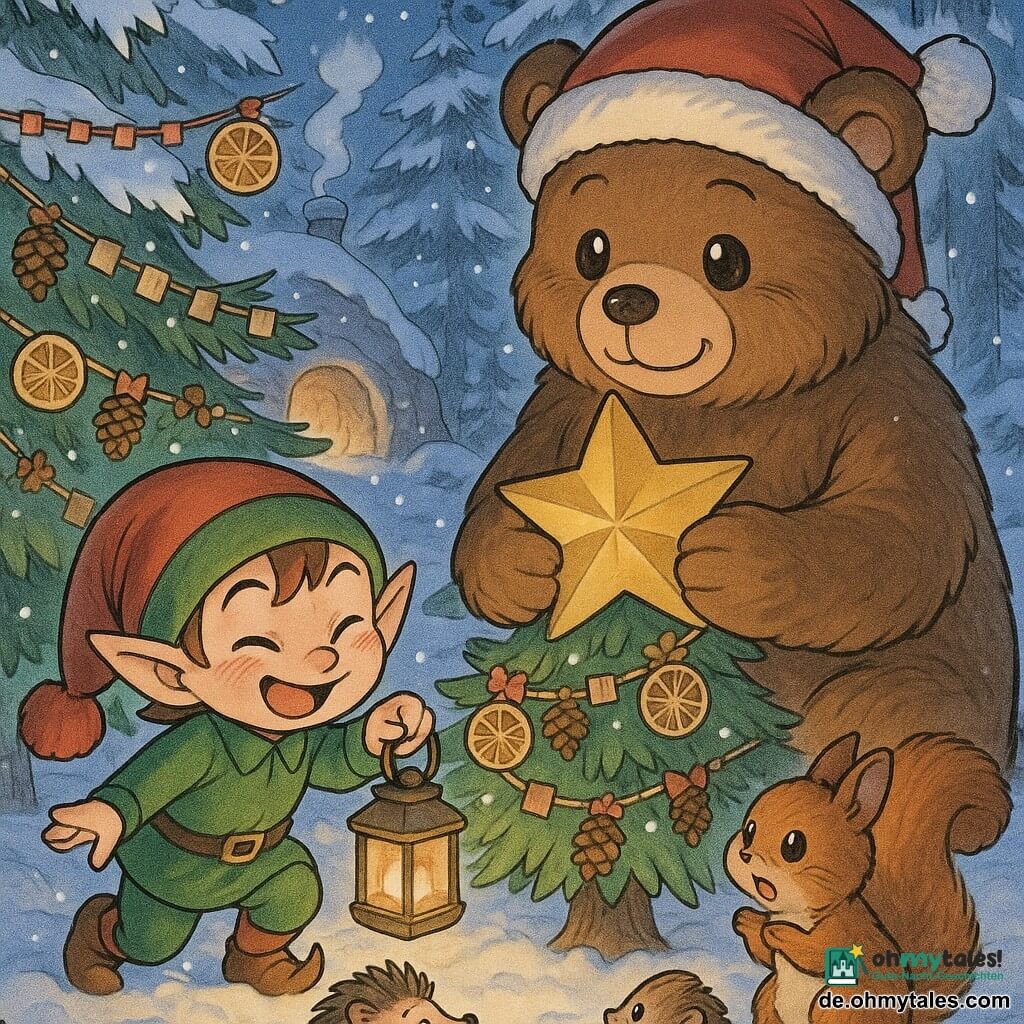Die Hauptfigur ist ein schelmischer kleiner Weihnachtswichtel mit rundem Gesicht, spitzen Ohren und verschmitztem Lächeln, in grüner Tunika und roter Bommelmütze, der eine kleine brennende Laterne behutsam an den Fuß des Tannenbaums stellt; Nebenfigur ist Bruno, ein großer, sanfter und schüchterner Braunbär mit dichtem Fell, der eine rote Festmütze mit goldnem Stern trägt und lächelnd eine große goldene Sternspitze zum Platzieren hält; weitere Tiere: ein neugieriger Igel und ein lebhafter Eichhörnchen sitzen im Schnee und schauen begeistert zu; Ort: eine winterliche Waldlichtung mit frischem, glänzendem Schnee, schneebedeckten Tannen und einer einladenden Höhleneingang mit Rauch aus dem Schornstein; handgemachte Dekorationen (Papiergirlanden, getrocknete Orangenscheiben, mit Bändern verzierte Zapfen) liegen herum; Situation: der Wichtel und der Bär schmücken gemeinsam den Baum, die Laterne wirft warmes, goldenes Licht auf die Dekorationen, die Atmosphäre ist gemütlich und ruhig, sanfte Farben und warme Kontraste vor kühlem Hintergrund.