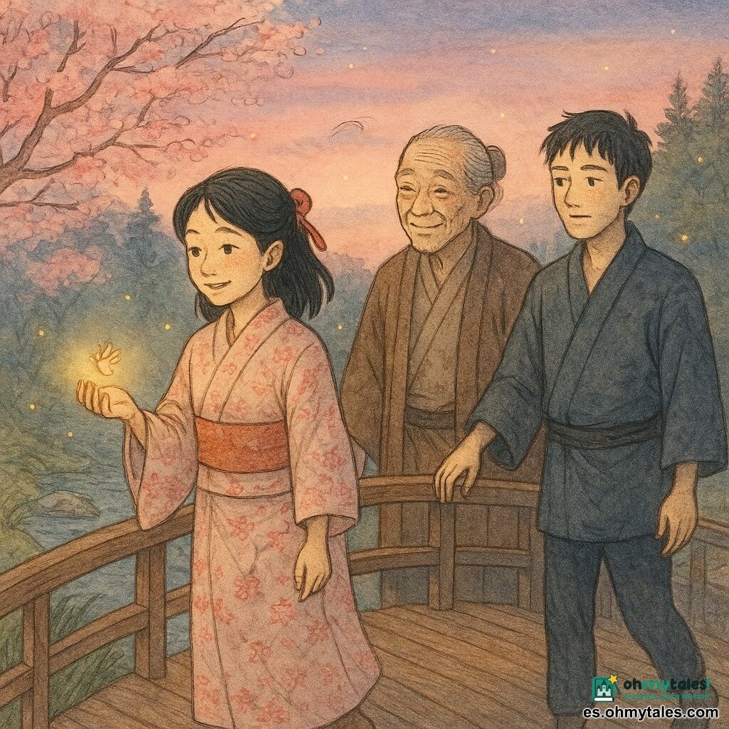 Aiko, joven de rostro dulce y sonrisa emocionada, pelo negro hasta los hombros con lazo rojo y kimono sencillo estampado de cerezos, sostiene una pequeña luciérnaga dorada mientras camina lentamente por un puente de madera; detrás, un maestro de unos 70 años, rostro arrugado y mirada benevolente, pelo gris en moño bajo y haori gastado, avanza de la mano del joven aprendiz de 18 años, de pelo corto negro y expresión que pasa de dudosa a tranquila, ambos sonrientes; el puente cruza un arroyo claro entre cedros y cerezos en flor, luciérnagas flotando, hierba verde y piedras musgosas, cielo crepuscular rosa e índigo; los tres se reconcilian al cruzar juntos, guiados por la luciérnaga, en una escena centrada, pacífica y cálida en semicontraluces.