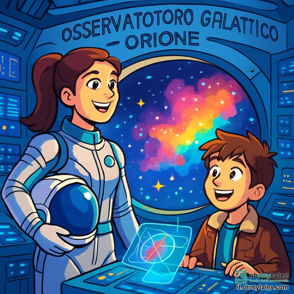 Una donna, la dottoressa Giulia Sereni, è in piedi davanti a un grande oblò della navetta spaziale, con gli occhi brillanti di meraviglia e determinazione. Indossa una tuta spaziale argentata con dettagli blu e ha un casco sotto il braccio, i capelli castani raccolti in una coda di cavallo. Accanto a lei, un ragazzo di nome Luca, di circa 12 anni, osserva con ammirazione, gli occhi spalancati e un sorriso entusiasta. Ha i capelli castani disordinati e indossa una giacca da pilota. La scena si svolge nella sala di controllo dell'Osservatorio Galattico Orione, uno spazio futuristico pieno di pannelli luminosi e console scintillanti, con schermi che mostrano dati e immagini della Nebulosa dai colori vivaci all'esterno. Stelle scintillanti e nuvole di polvere cosmica illuminano lo sfondo, creando un'atmosfera magica. Giulia e Luca stanno lavorando insieme per risolvere un problema tecnico, esaminando schermi e strumenti, mentre una mappa olografica della Nebulosa fluttua davanti a loro, proiettando luci colorate sui loro volti, simboleggiando la loro collaborazione e determinazione a ripristinare la comunicazione con le sonde spaziali.