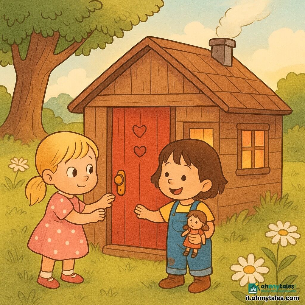 Ci sono due bambine di 3 anni: a sinistra una bionda con codini e vestito rosa a pois che tocca la maniglia con entrambe le mani, sguardo curioso; a destra una castana a capelli corti in salopette blu e stivaletti gialli con macchie di terra sulle ginocchia che tiene una bambolina e la mano dell'altra, sorridente. Siamo in una radura soleggiata con erba verde, grandi margherite e un vecchio quercia a sinistra; al centro una casetta di legno con porta rossa decorata da tre cuoricini, finestra a quadretti e un camino corto da cui esce un filo di fumo. Le bambine hanno bussato tre volte e la porta si apre lentamente: all'interno si vede su un tavolo una scatola colorata piena di cuoricini di carta e un biglietto, una luce dorata e calda esce dalla casa; i loro volti esprimono meraviglia e tenerezza, atmosfera dolce e magica.