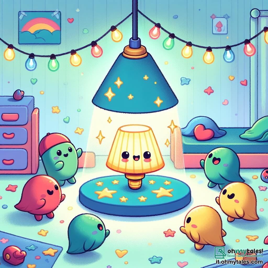 Un piccolo personaggio luminoso, una lampada colorata con un corpo giallo e un paralume blu, si erge fiera su un supporto decorato con stelle e cuori. Brilla di gioia, i suoi occhi scintillanti riflettono l'eccitazione e l'orgoglio di essere finalmente dritta. Accanto a lei, un gruppo di lampade amichevoli, ciascuna di un colore diverso, la circonda con sorrisi calorosi. Una lampada rossa, alta e slanciata, applaude con entusiasmo, mentre una lampada verde, più piccola e rotonda, salta di gioia, i suoi occhi brillanti d'incoraggiamento. La scena si svolge in una camera dolce e accogliente, con pareti dipinte in pastello e giocattoli colorati sparsi sul pavimento. Festeggiando la sua differenza e l'amicizia che la circonda, la piccola lampada brilla con orgoglio sul suo nuovo supporto.